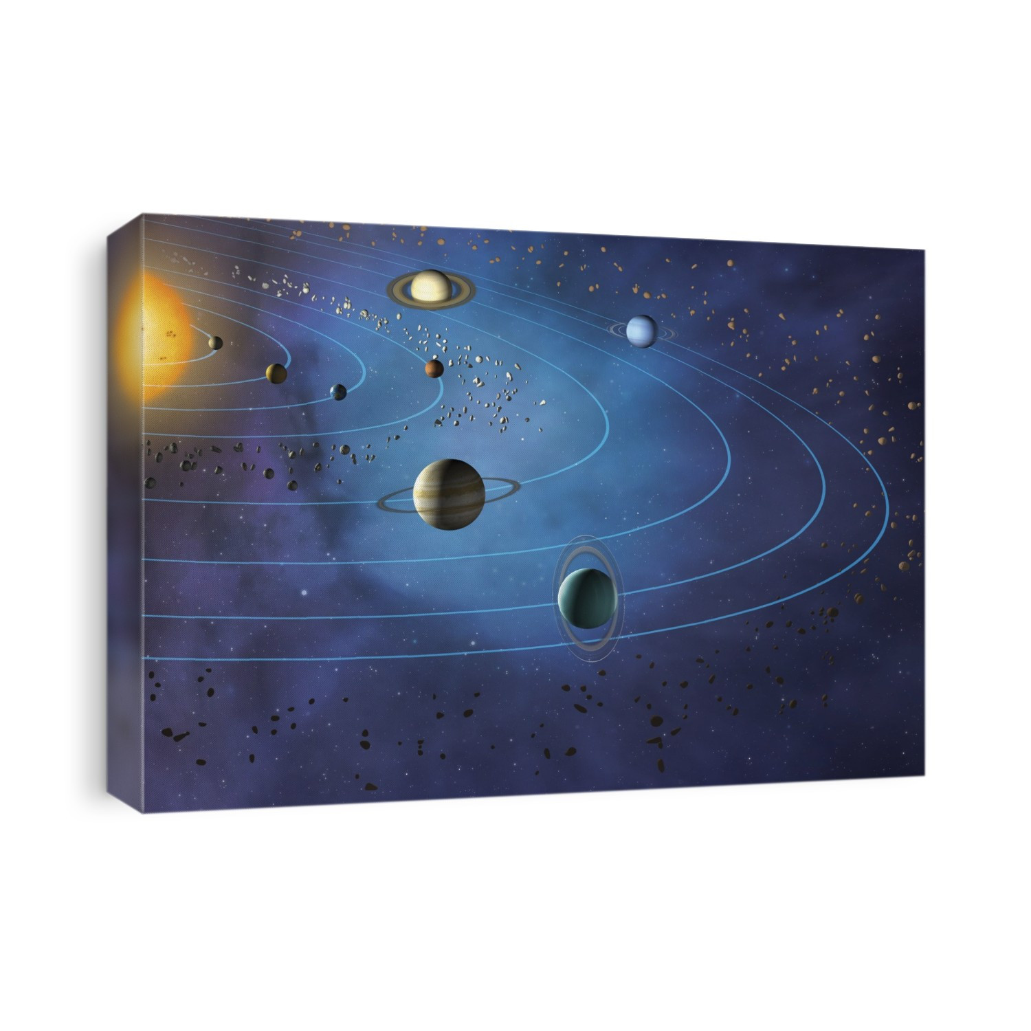 Artwork of the solar system, showing the paths of the eight major planets as they orbit the Sun. The four inner planets are, from inner to outer, Mercury, Venus, Earth and Mars. The four outer planets are, inner to outer, Jupiter, Saturn, Uranus and Neptune.