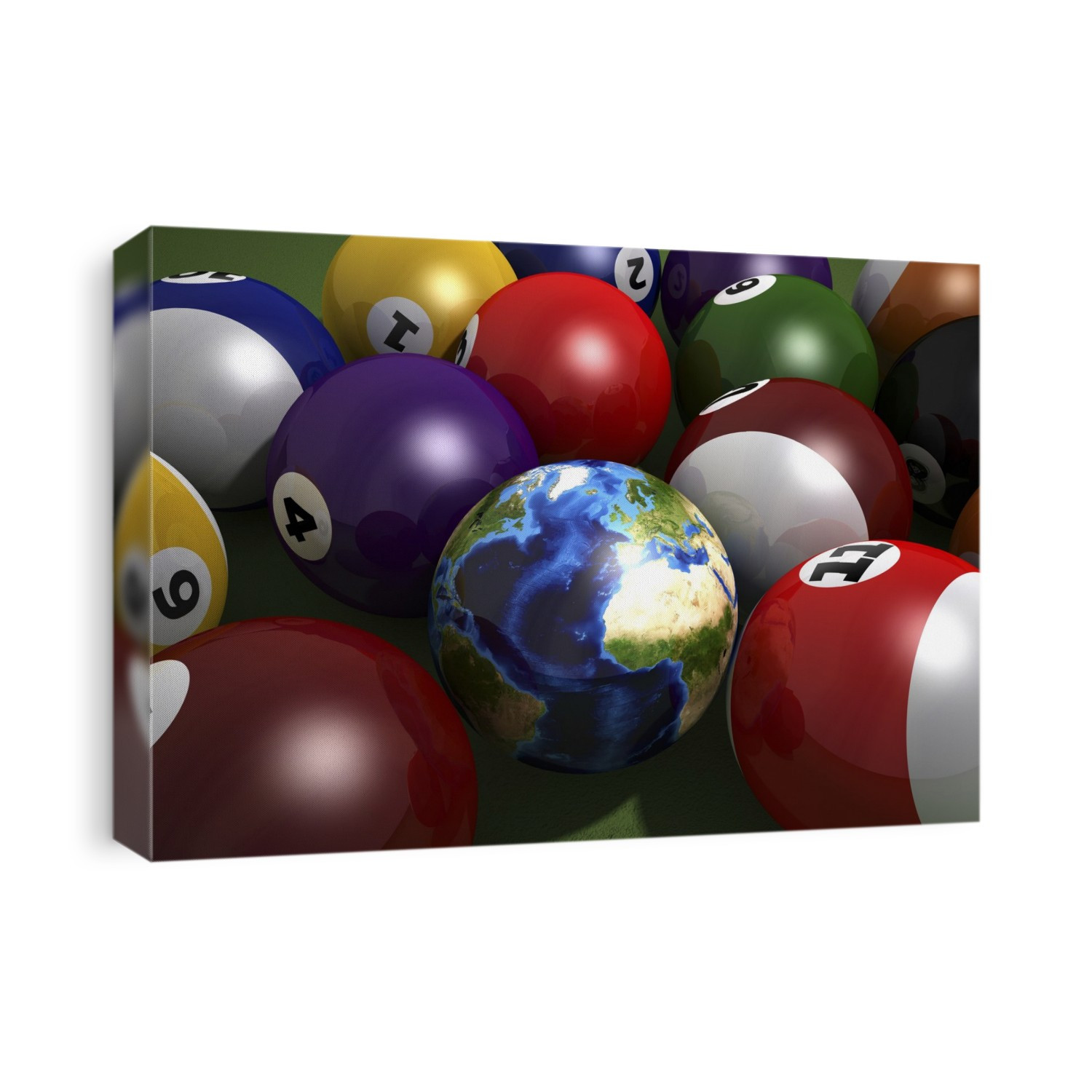 Pool balls and the globe, computer artwork.