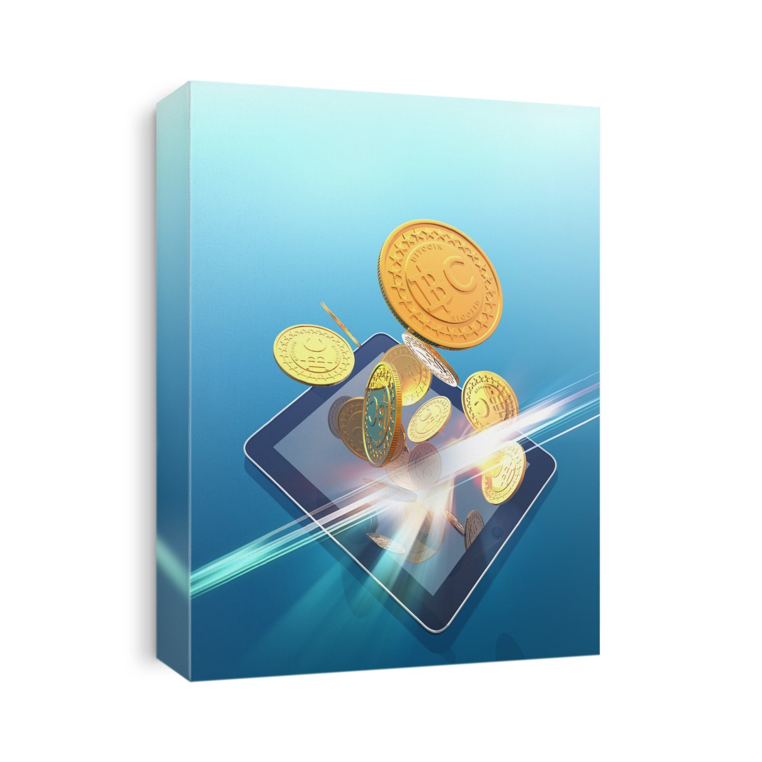 Computer artwork of bitcoins and digital tablet.