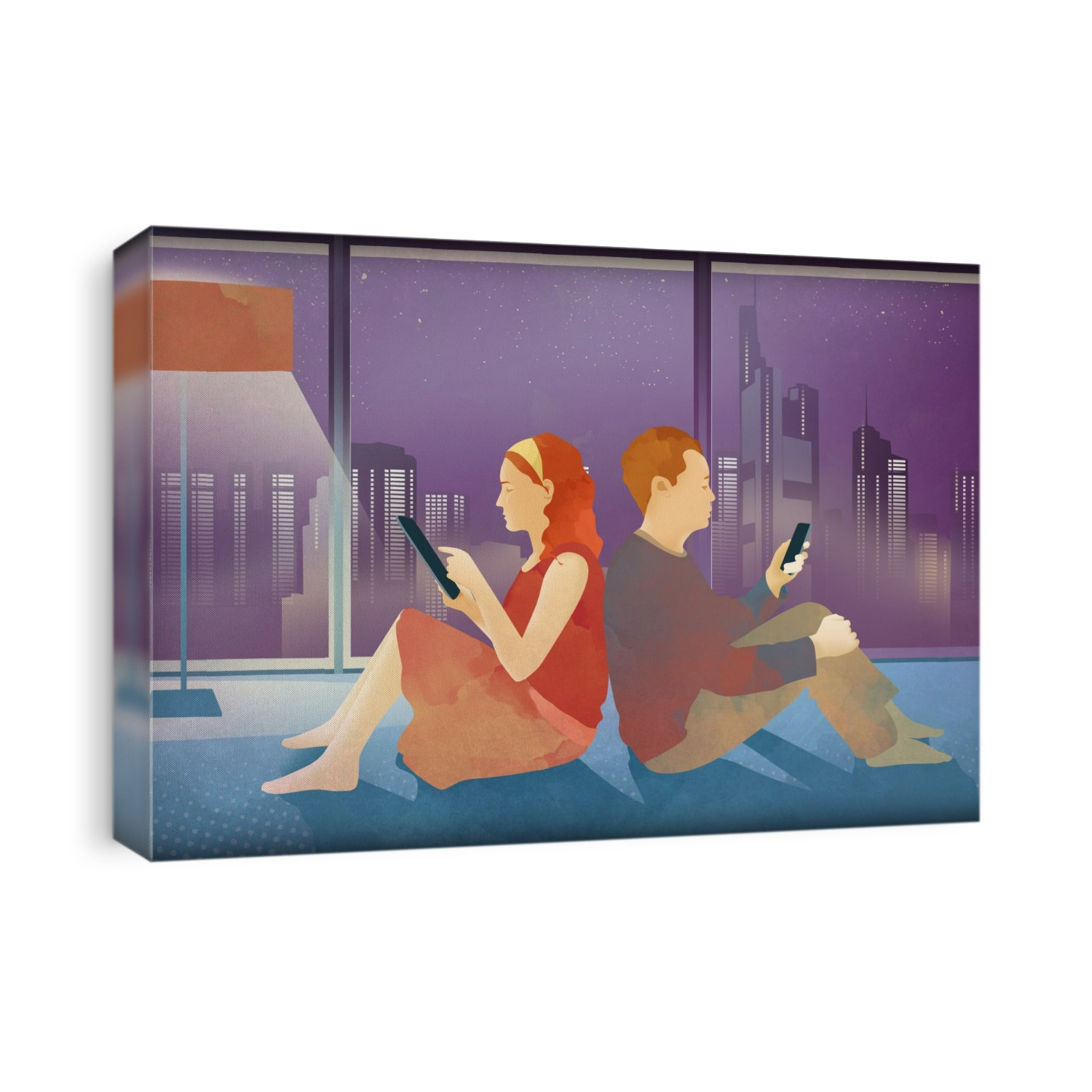 Illustration of couple using mobile phone and digital tablet at home.