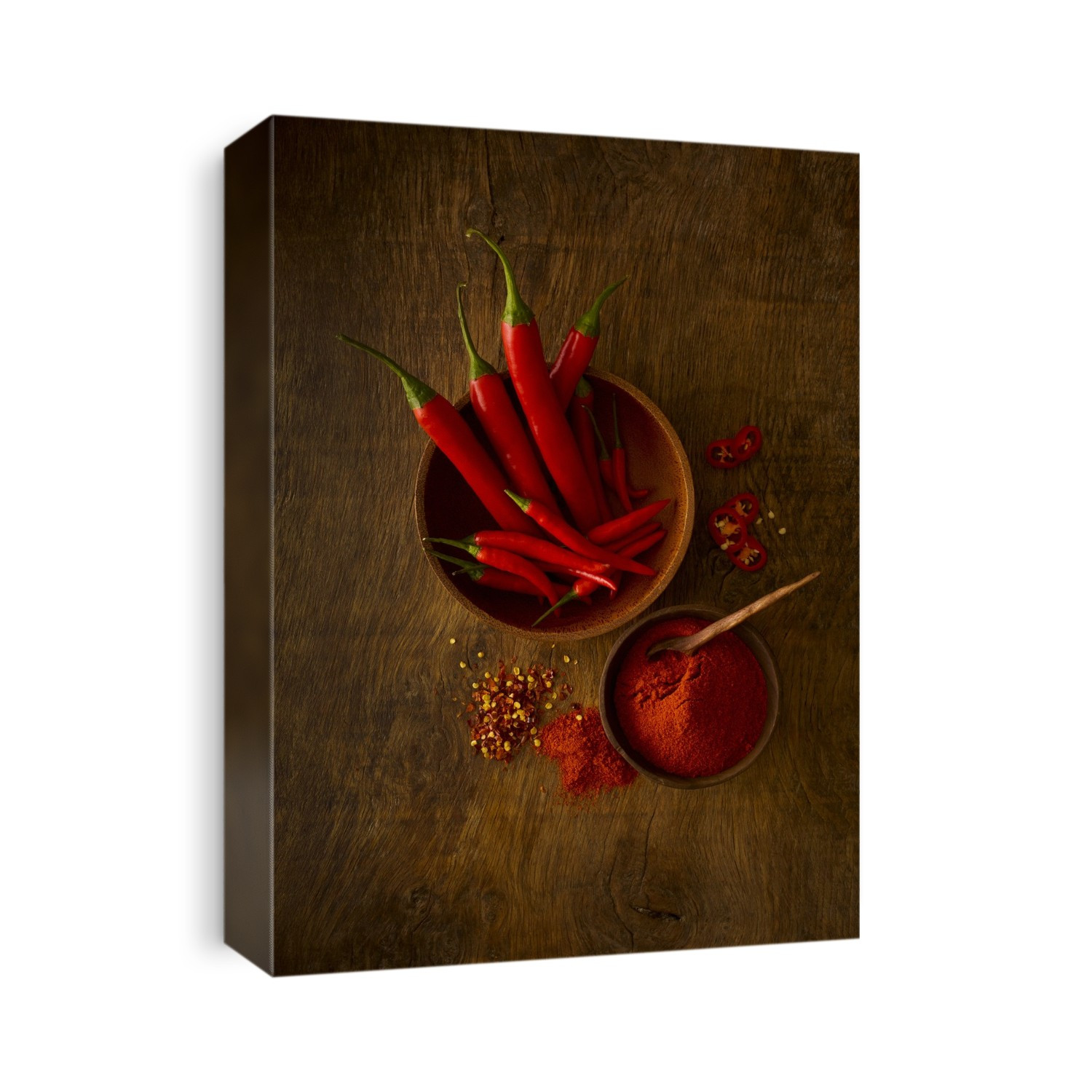 Fresh red chillies and powder, studio shot.