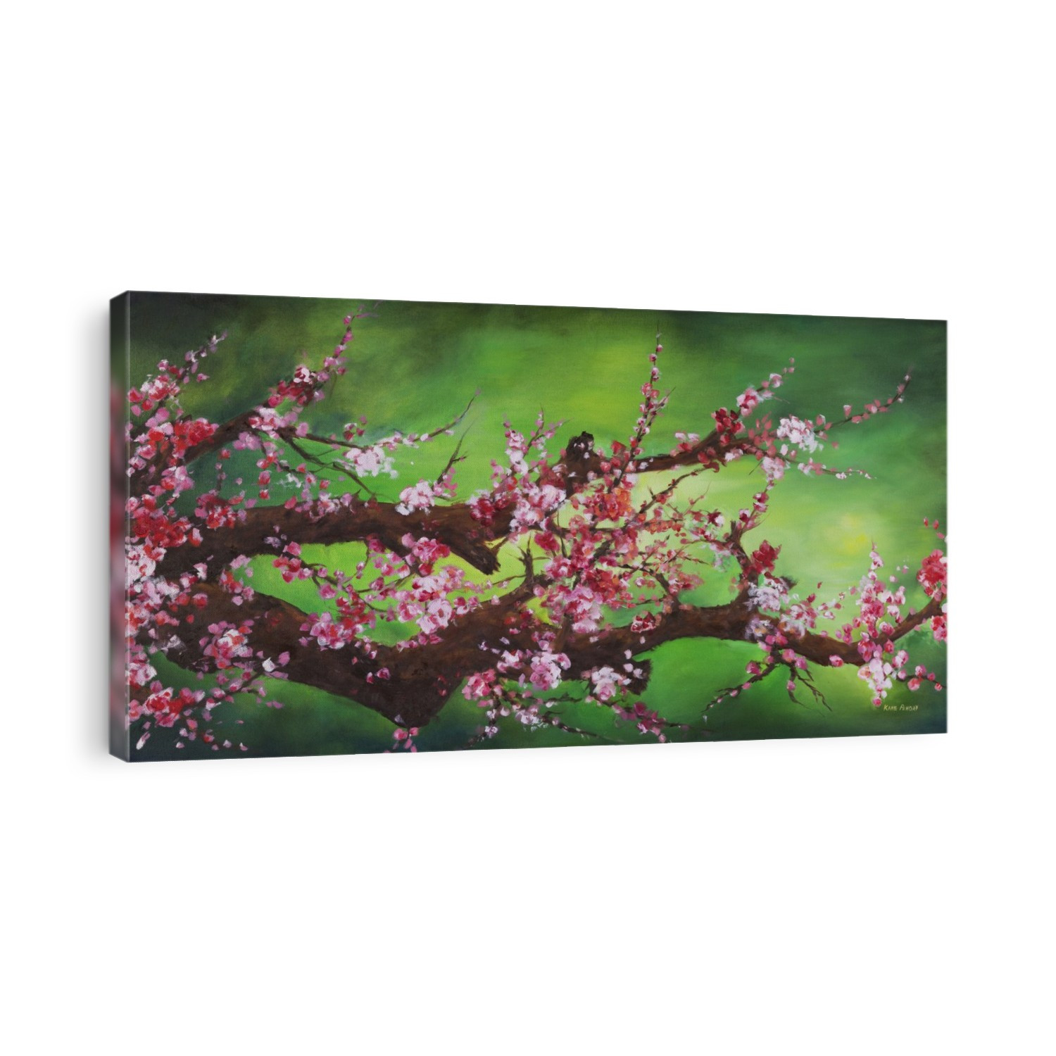 Oil painting of cherry blossoms on a branch