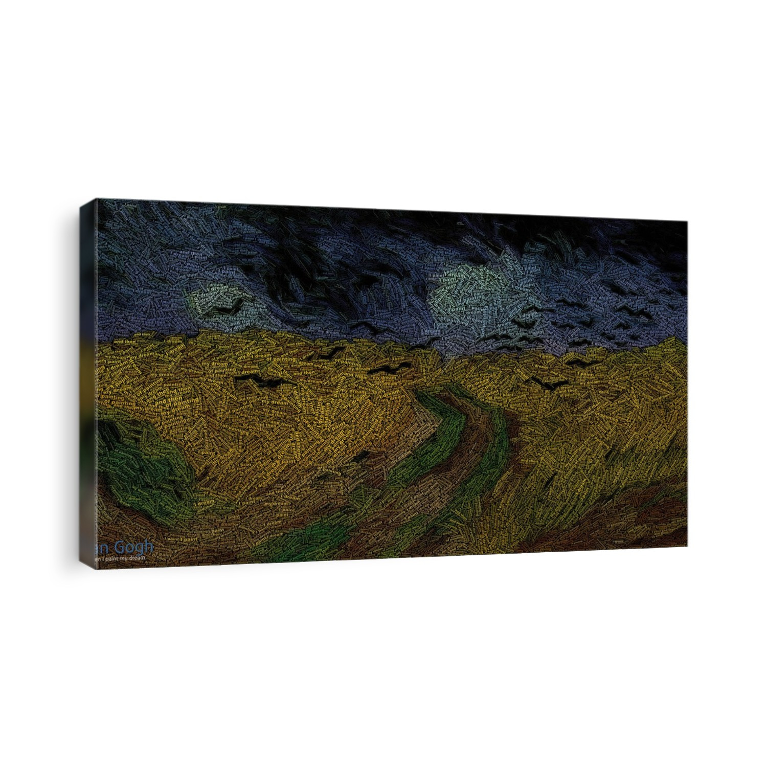 Van Gogh painting as data art. Artwork based on 'Wheatfield with Crows', originally painted by Vincent van Gogh and rendered here using the words "I dream of painting and then I paint my dream" repeatedly. This quotation has been attributed to Van Gogh.