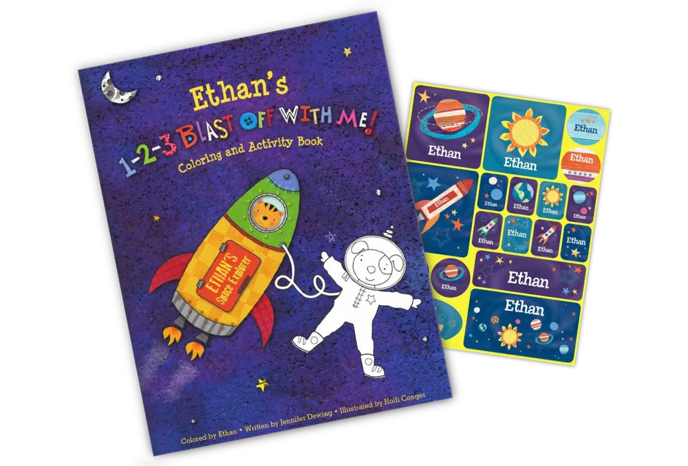 1-2-3 Blast Off With Me Personalized Coloring Book and Sticker Gift Set