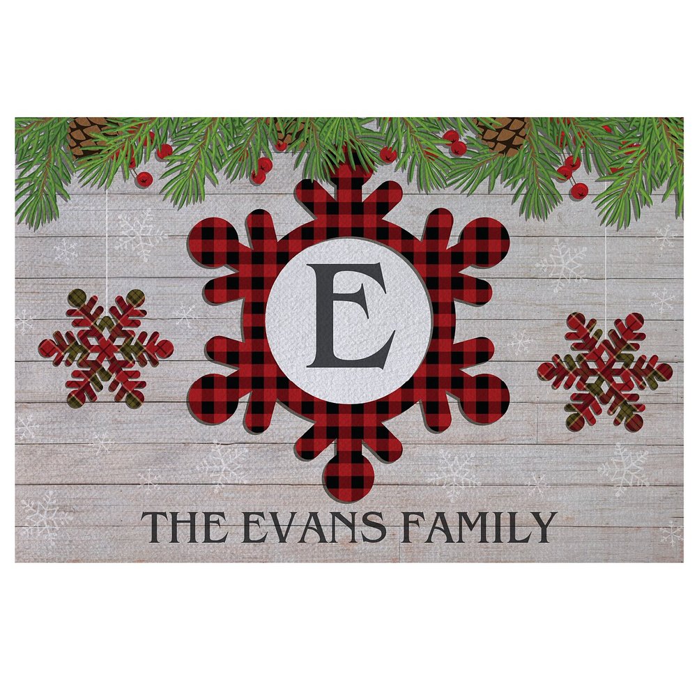 Festive Plaid Snowflake Initial Doormat- 24x36