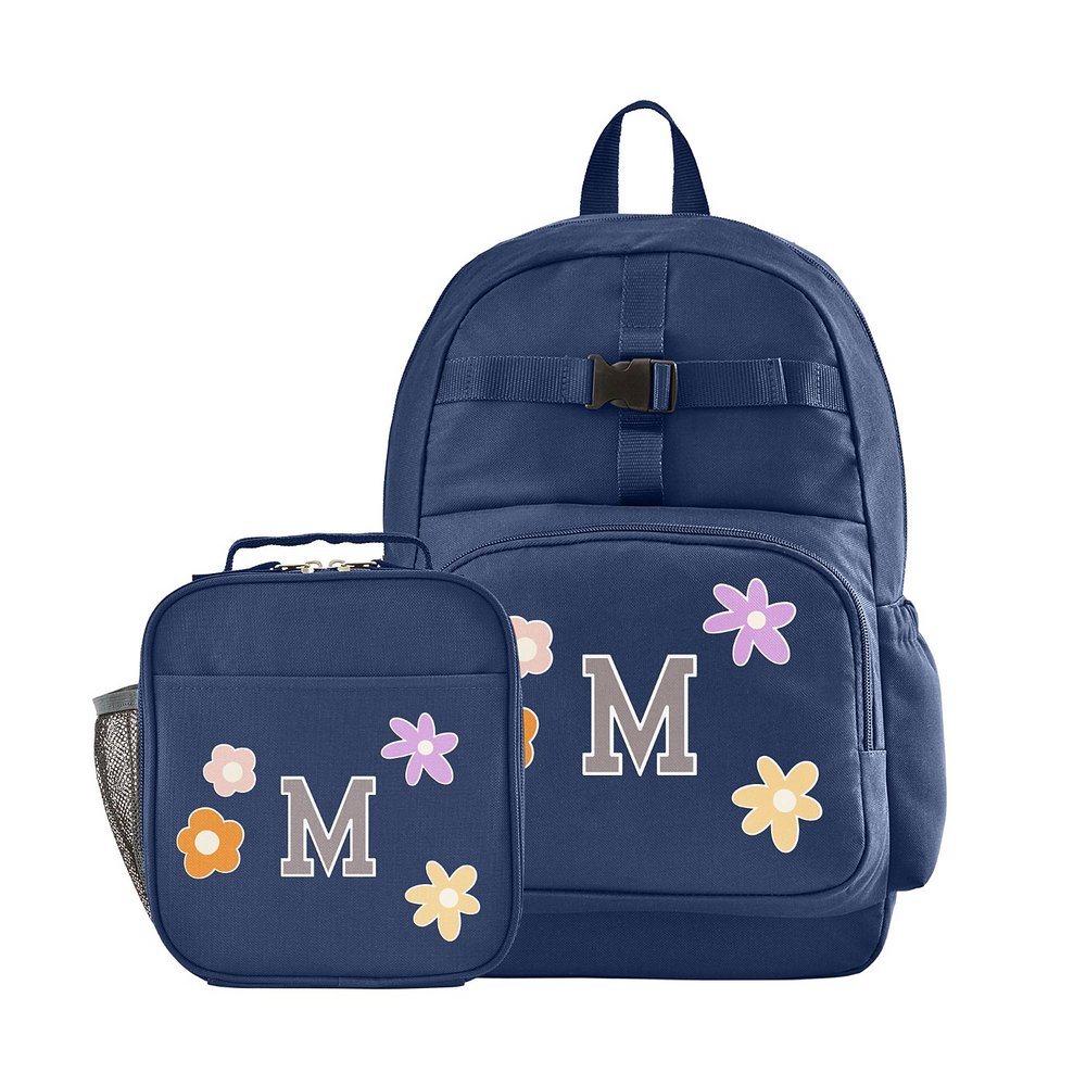 Decal + Monogram Navy Backpack + Lunch Box - Flowers - Gray