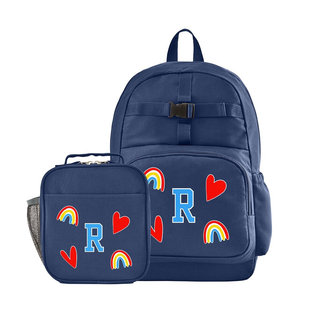 Decal + Monogram Navy Backpack + Lunch Box - Hearts & Rainbow - Blue