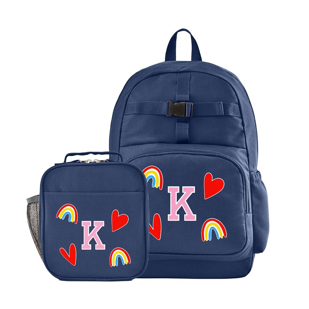Decal + Monogram Navy Backpack + Lunch Box - Hearts & Rainbow - Pink