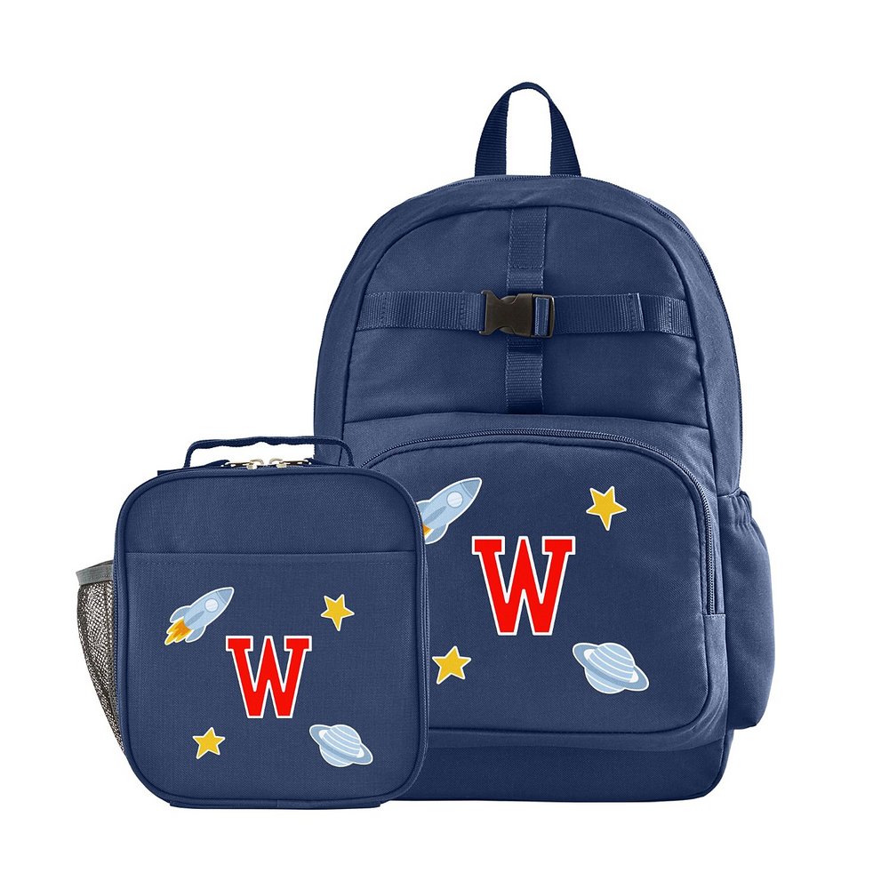 Decal + Monogram Navy Backpack + Lunch Box - Space - Red