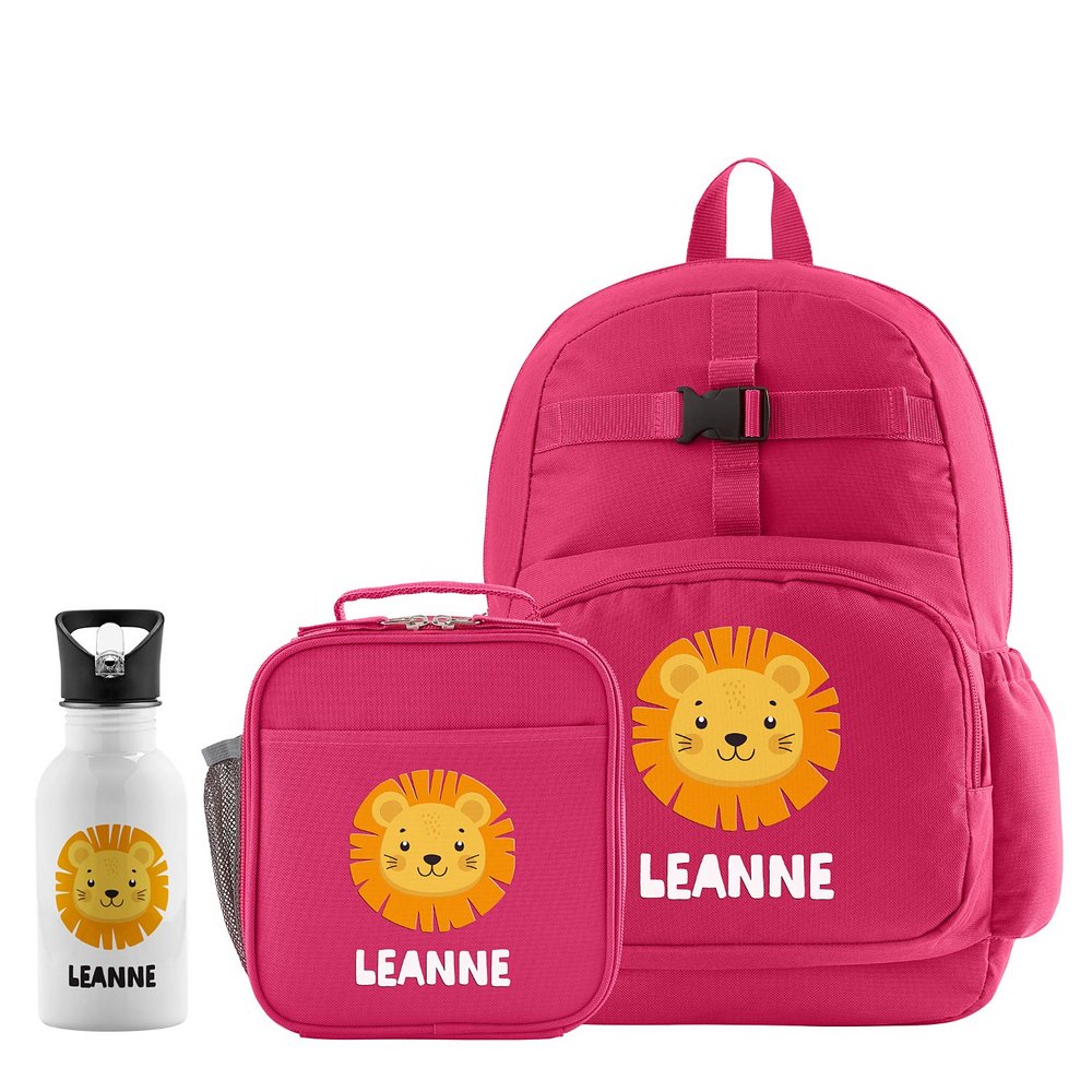 Cheerful Animals Backpack + Lunch Box + Water Bottle - Pink - Lion