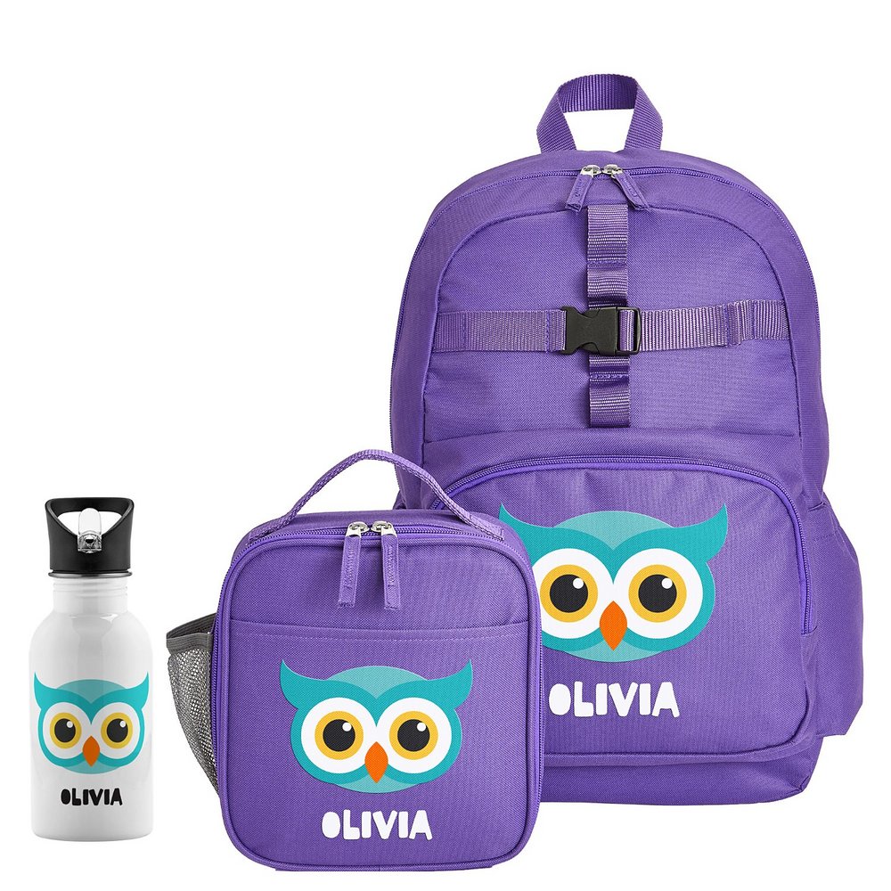 Cheerful Animals Backpack + Lunch Box + Water Bottle - Purple - Owl