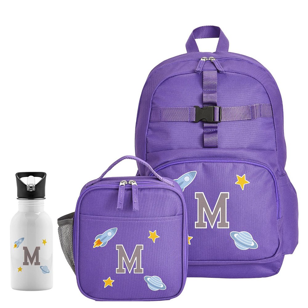 Decal + Monogram Purple Backpack + Lunch Box + Water Bottle - Space - Gray
