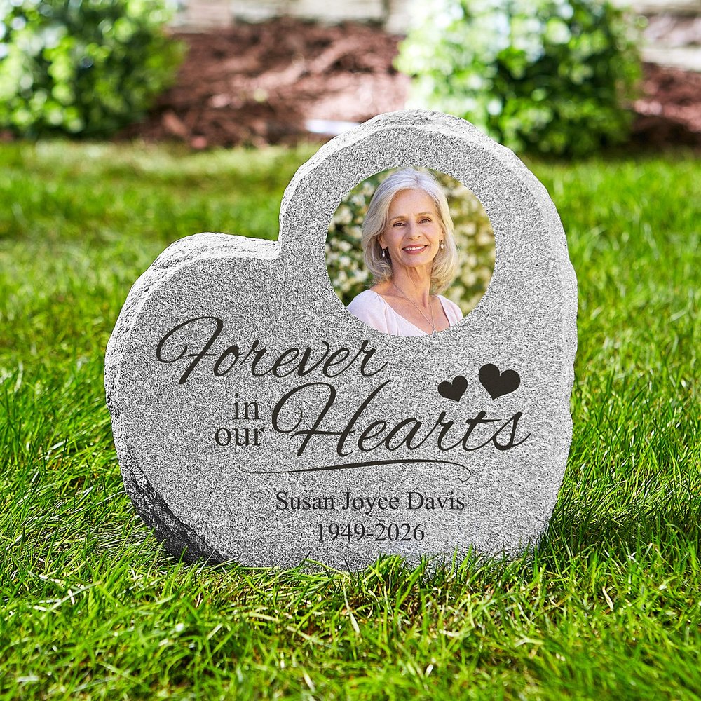 In Our Hearts Memorial Photo Standing Heart Garden Stone