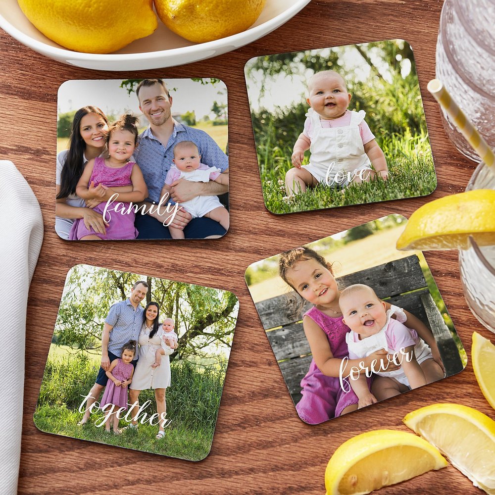Elegant Script Photo Personalized Wooden Coasters
