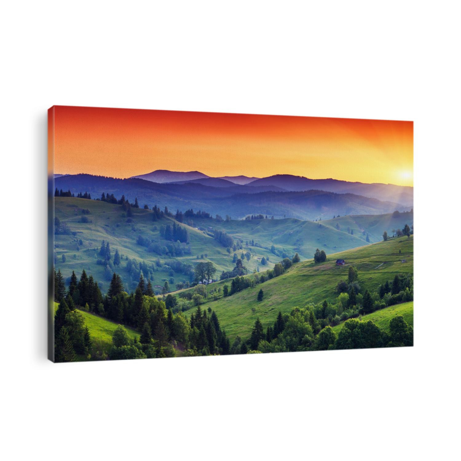 Majestic sunset in the mountains landscape. Dramatic sky. Carpathian, Ukraine, Europe. Beauty world.