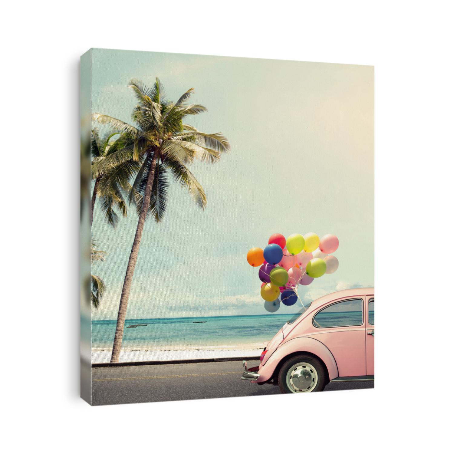 Vintage card of car with colorful balloon on beach blue sky concept of love in summer and wedding honeymoon