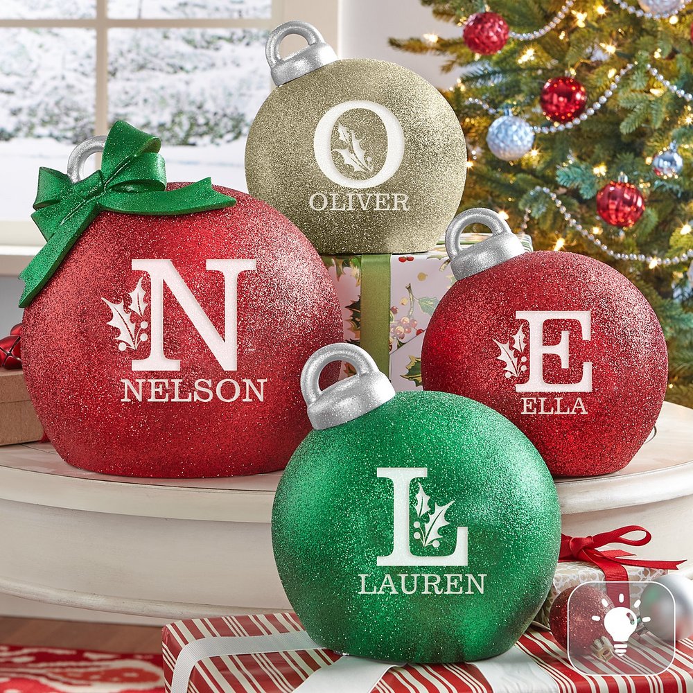 Festive Initial Glitter Personalized Light-Up Tabletop Ornament