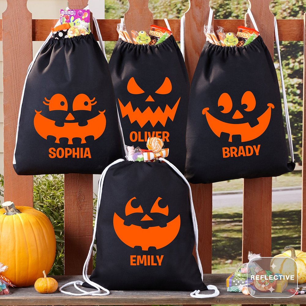 Whimsical Faces Personalized Reflective Drawstring Treat Bag