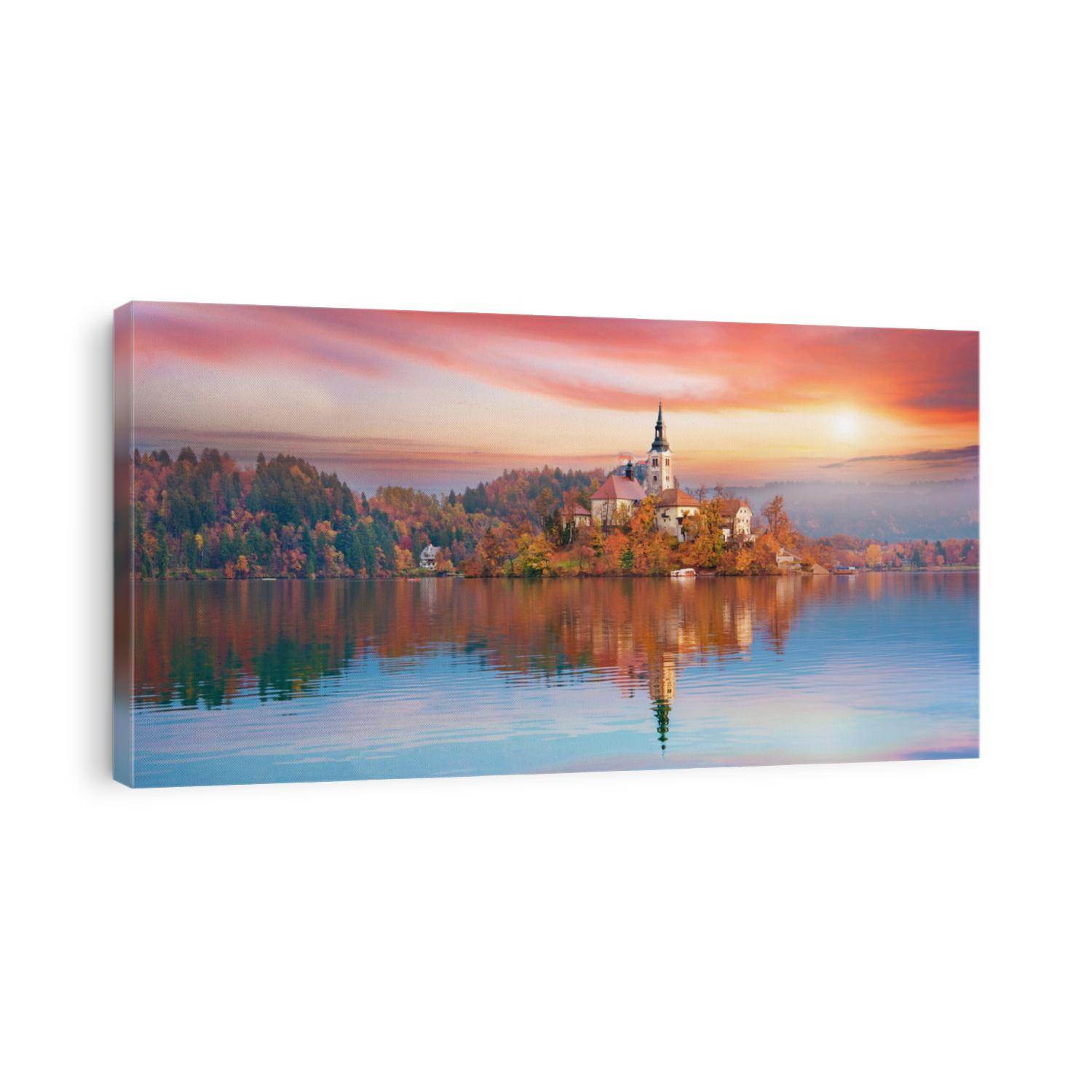 Magical autumn landscape with the island on Lake Bled (Blejsko jezero). Julian Alps, Slovenia, Europe. Attractions. Tourist places of pilgrimage. (Meditation,inner peace, harmony, honeymoon - concept)