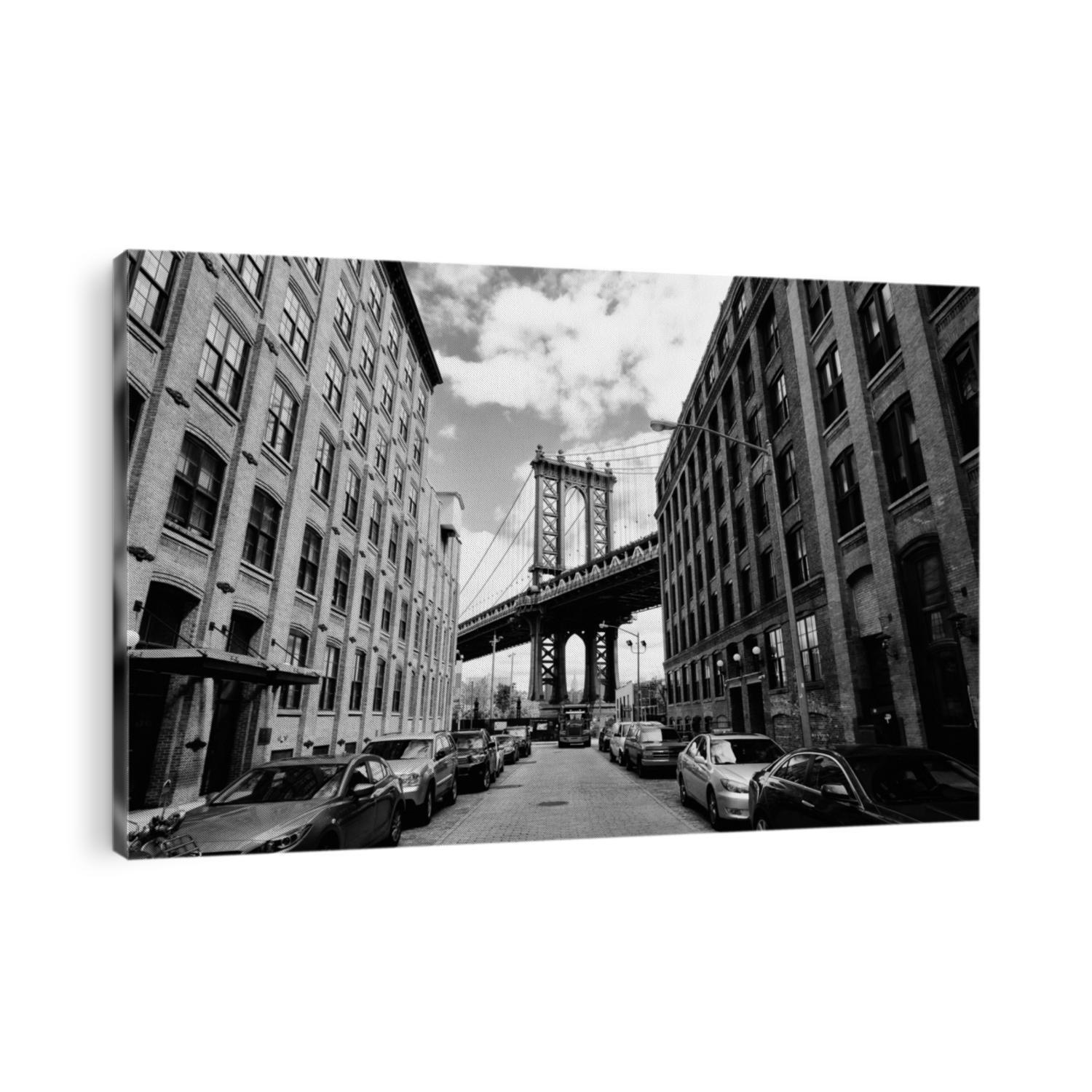 Manhattan bridge seen from a brick buildings in Brooklyn street in perspective, New York, USA. Business and travel background. Vintage, retro postcard.