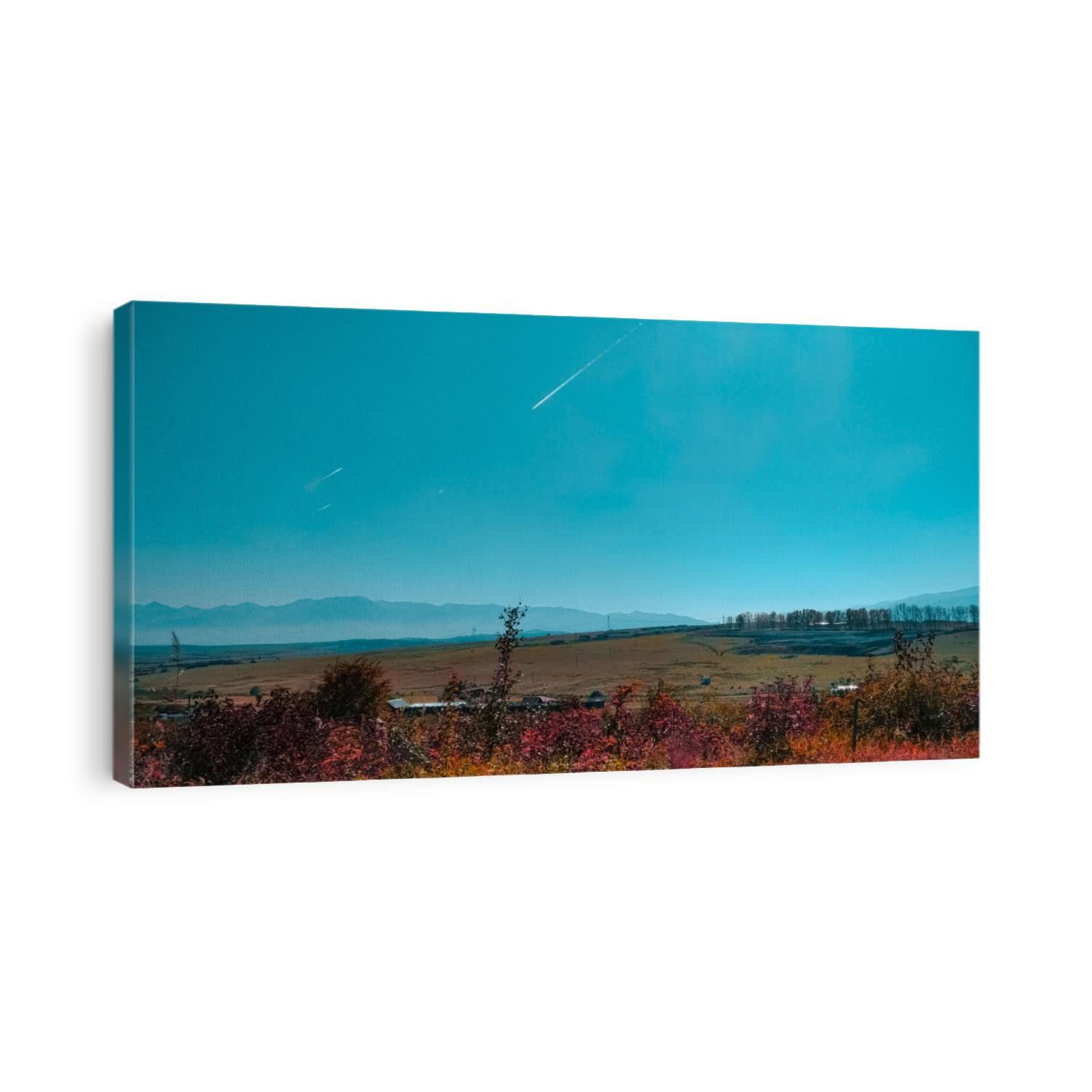 Autumn nature landscape with bushes and hills on a Cyan sky background with mountains