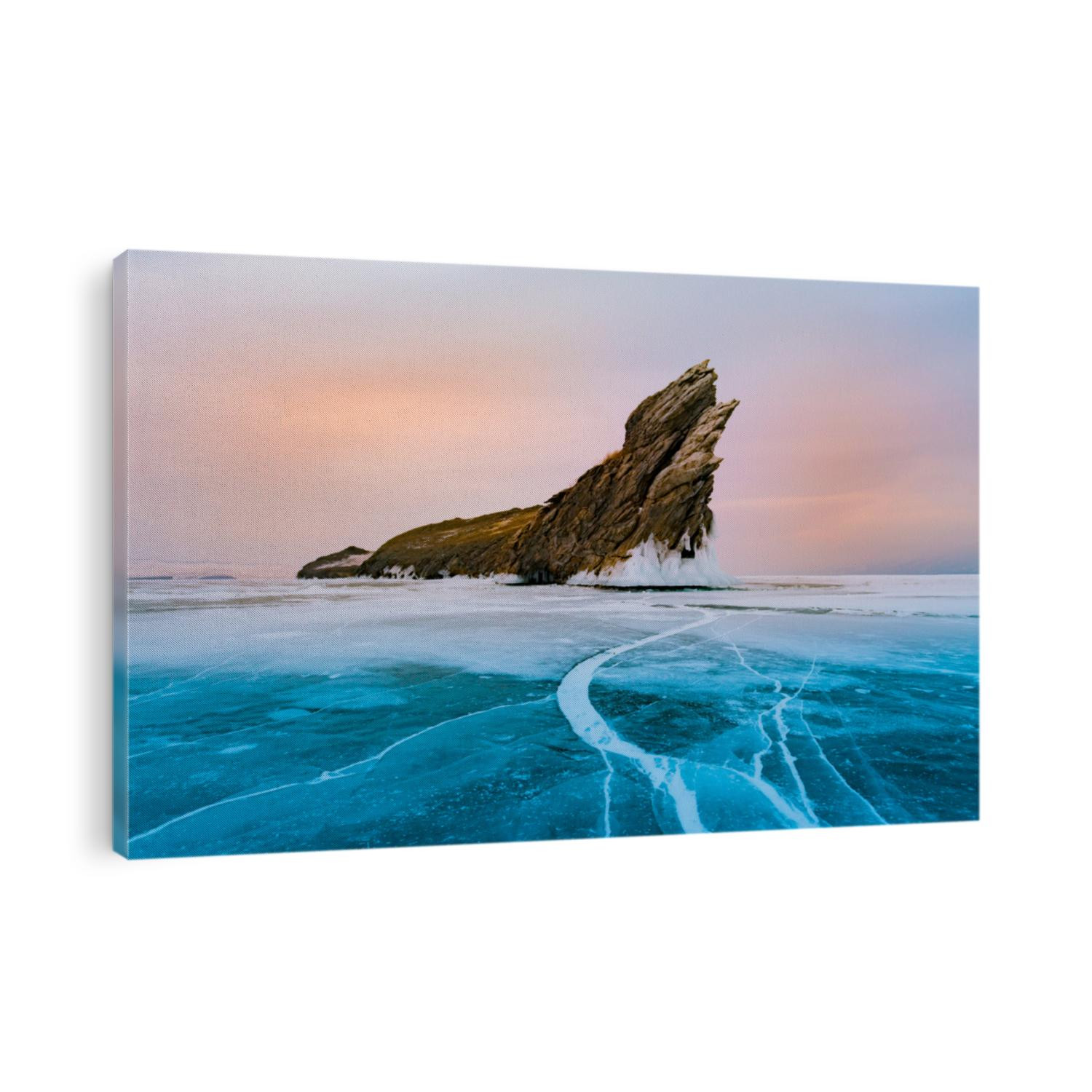 Frozen Baikal water lake with Olkhon rock, Russia winter season natural landscape 