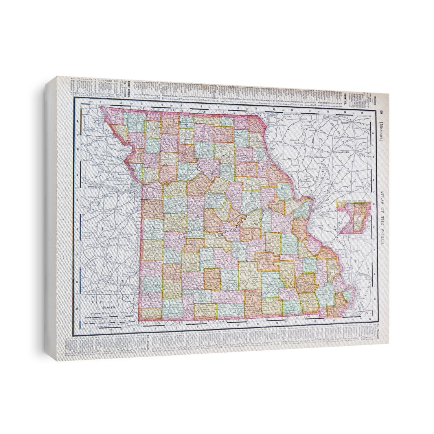 A map of Missouri, USA from Spofford's Atlas of the World, printed in the United States in 1900, created by Rand McNally & Co.