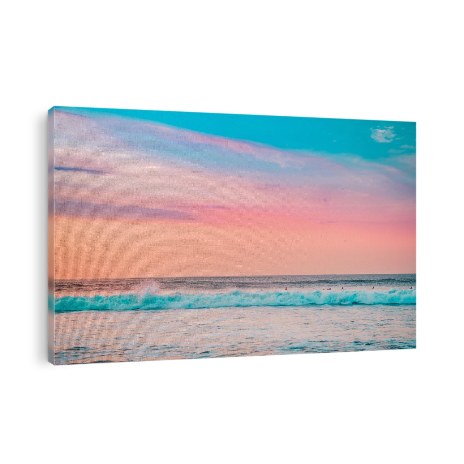Colourful Ocean in Twilight Time Background. Landscape of Beautiful Sunset in Maldives Island with Sandy Beach and Dramatic Clouds over Wavy Sea. Tropical Sunset of Colourful Sky Concept with Surfers