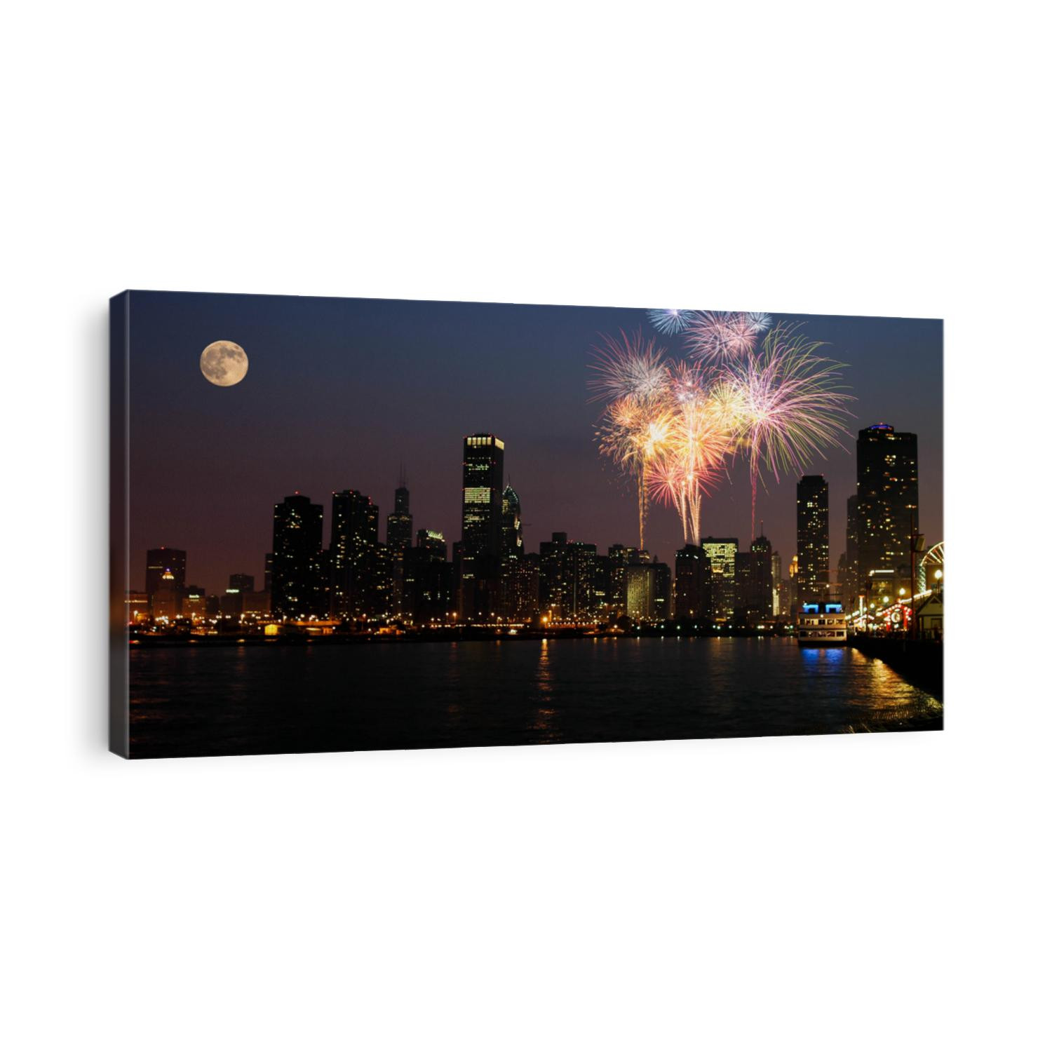 View of Chicago downtown and Navy Pier with grand fireworks and super moon