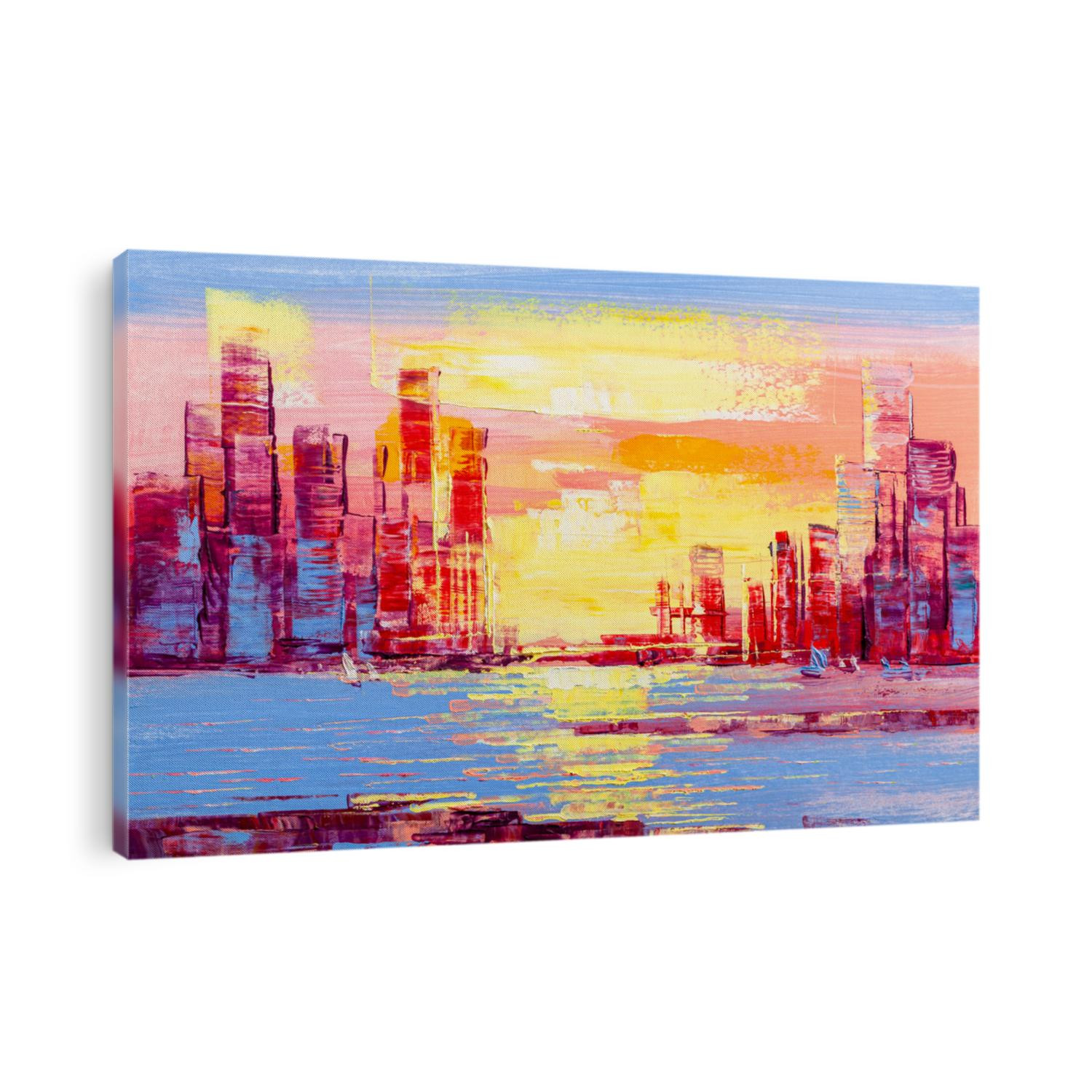 Megapolis background with buildings,red skyscrapers.. Sun over the city, landscape artwork in contemporary style.