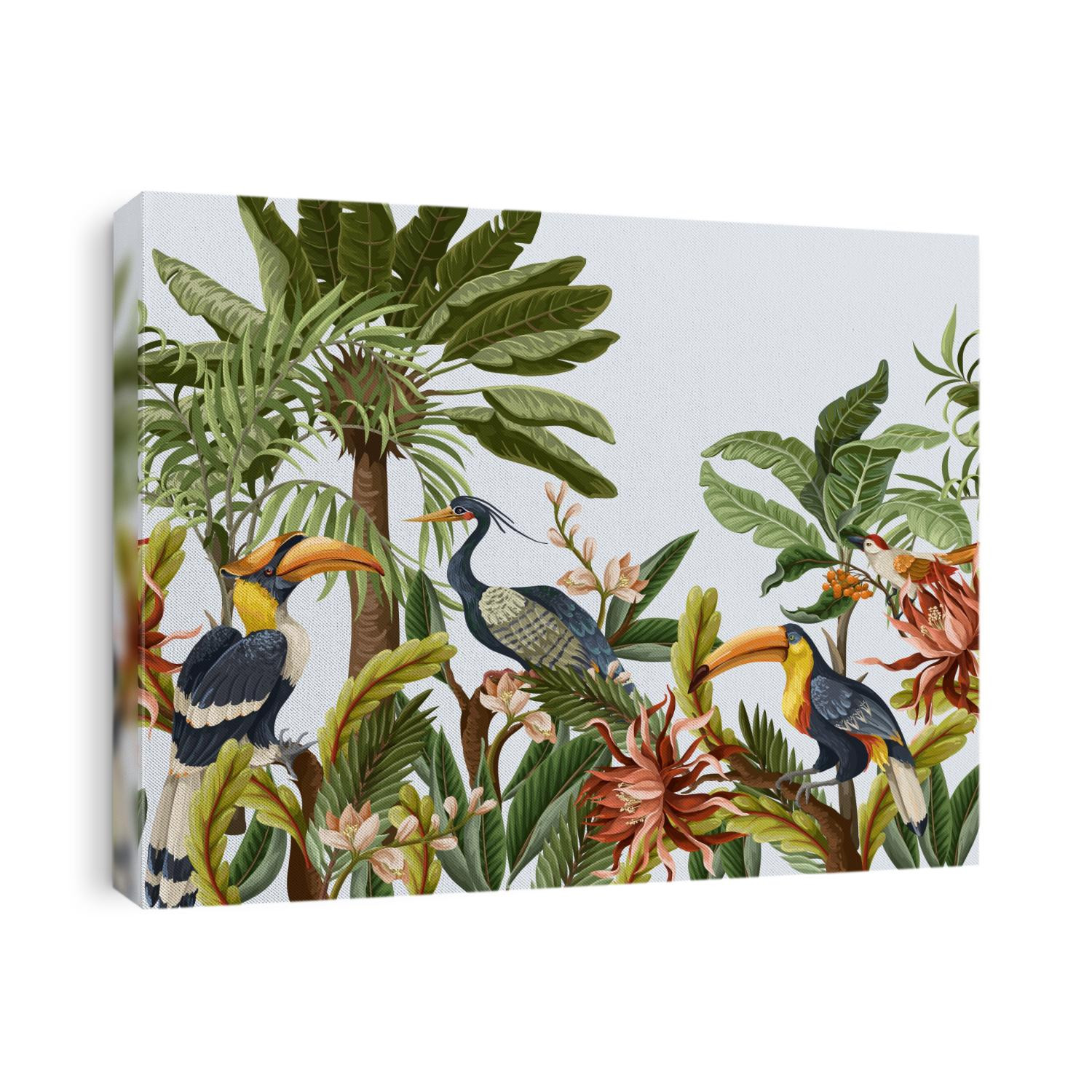 Border with birds and tropical leaves and flowers for interior. Vector