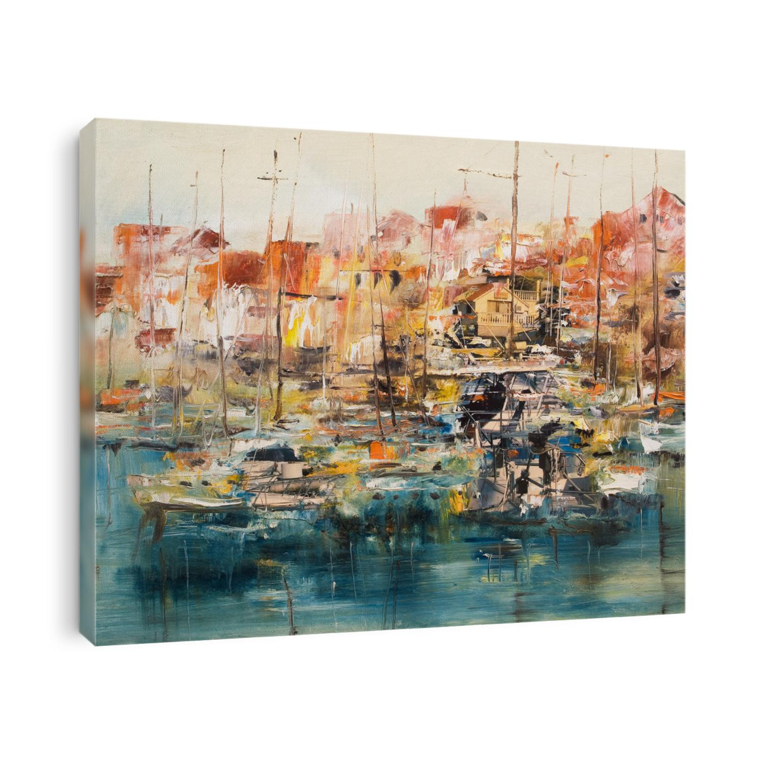 Boats in the harbor, oil painting mixed medial, background 