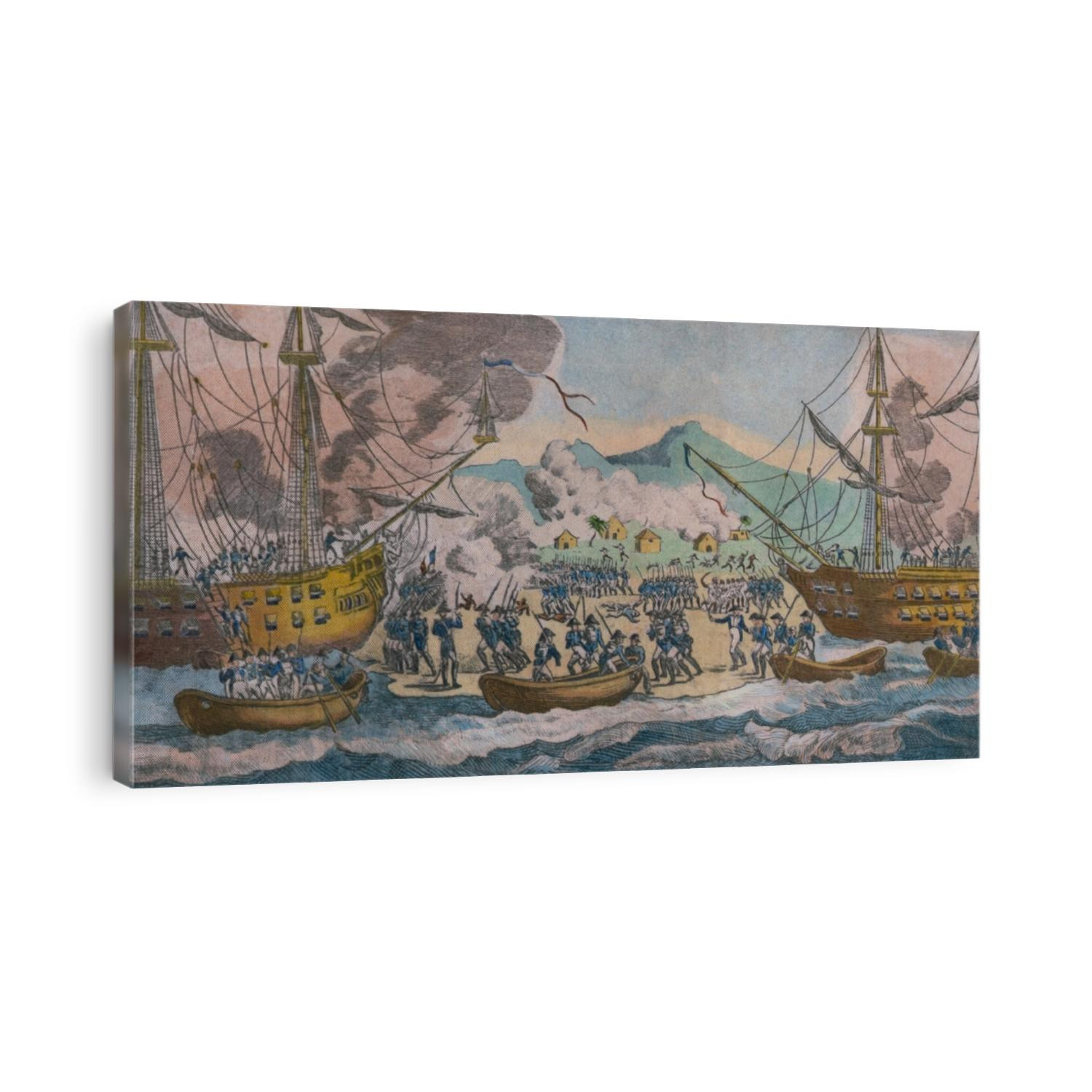 In 1802 in the 9th year of the Haitian Independence Revolution the French landed a force of 16,000 soldiers lead by Napoleon's brother-in-law, General LeClerc, 1820, etching with modern color.