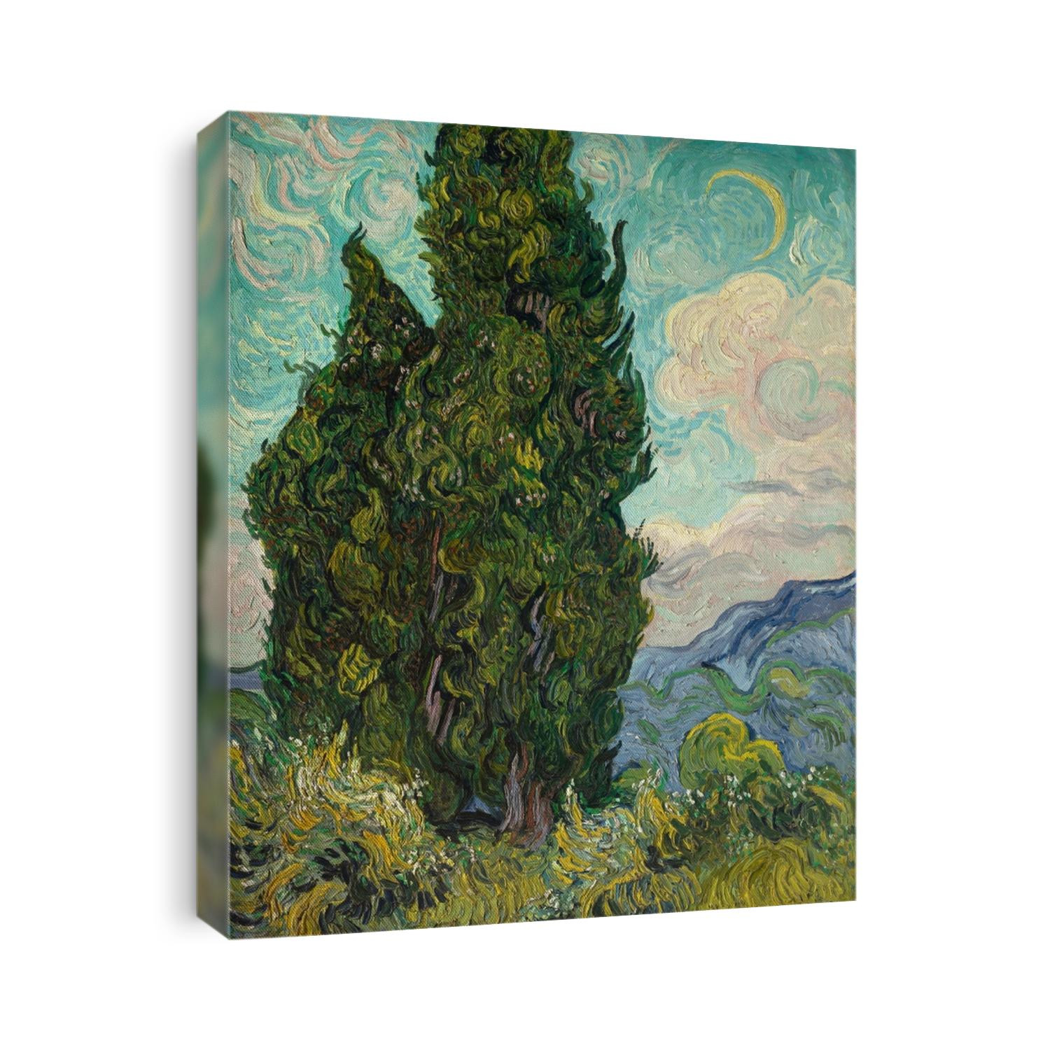 Cypresses, by Vincent Van Gogh, 1889, Dutch Post-Impressionist, oil on canvas. Van Gogh described the cypress as the dark patch in a sun-drenched landscape. It was shown in the Salon des Independents