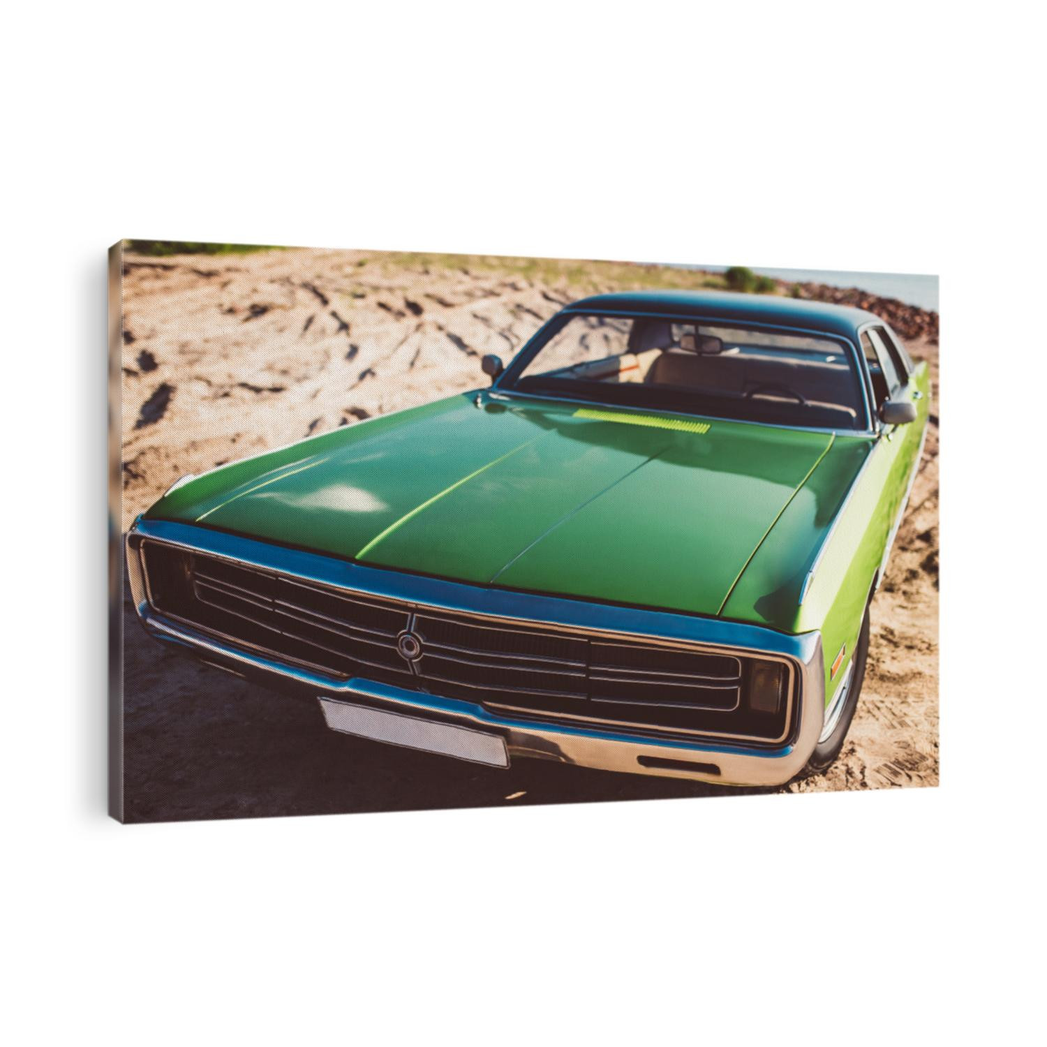 Green retro car is standing on the beach. Vintage classic car. Old and stylish. Muscle car.