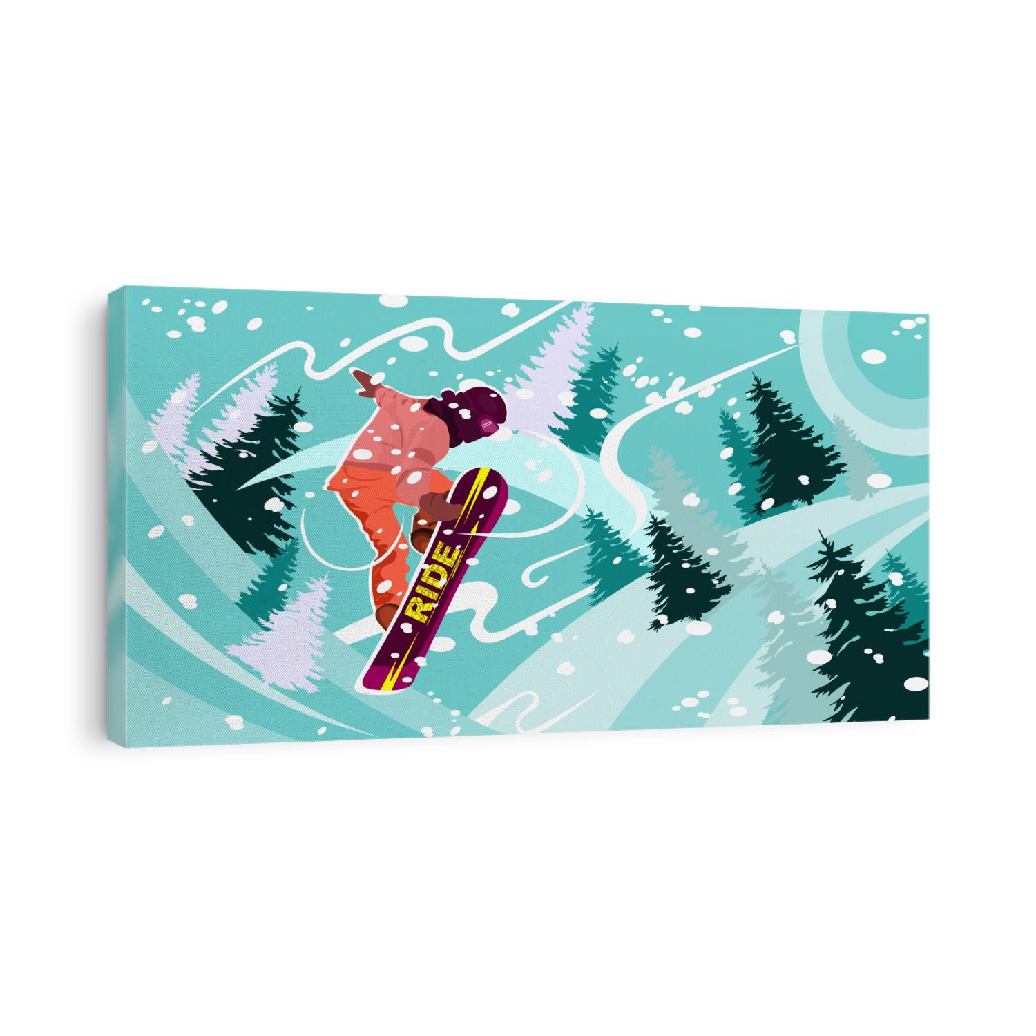 Jump of snowboarder against the background of snow-covered mountain landscape. Hand drawing vector illustration. Can be used for poster, avatar, social media, background, cover.