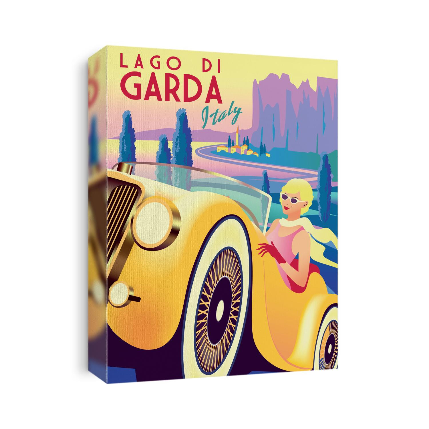 Girl in a retro car with lake, cypress trees, mountains and a small town in the background. Handmade drawing vector illustration. Art Deco retro poster.