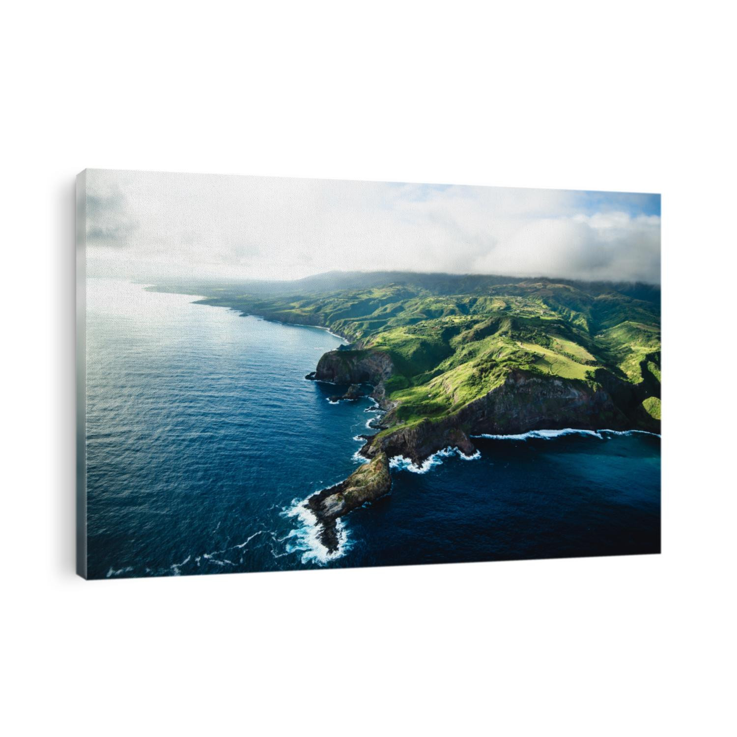 Beautiful Aerial View of Tropical Island Paradise Nature Scene of Maui Hawaii On Clear Sunny Day with Vibrant Blue Ocean Water and Waves and Lush Green Mountain Scenic Landscape 