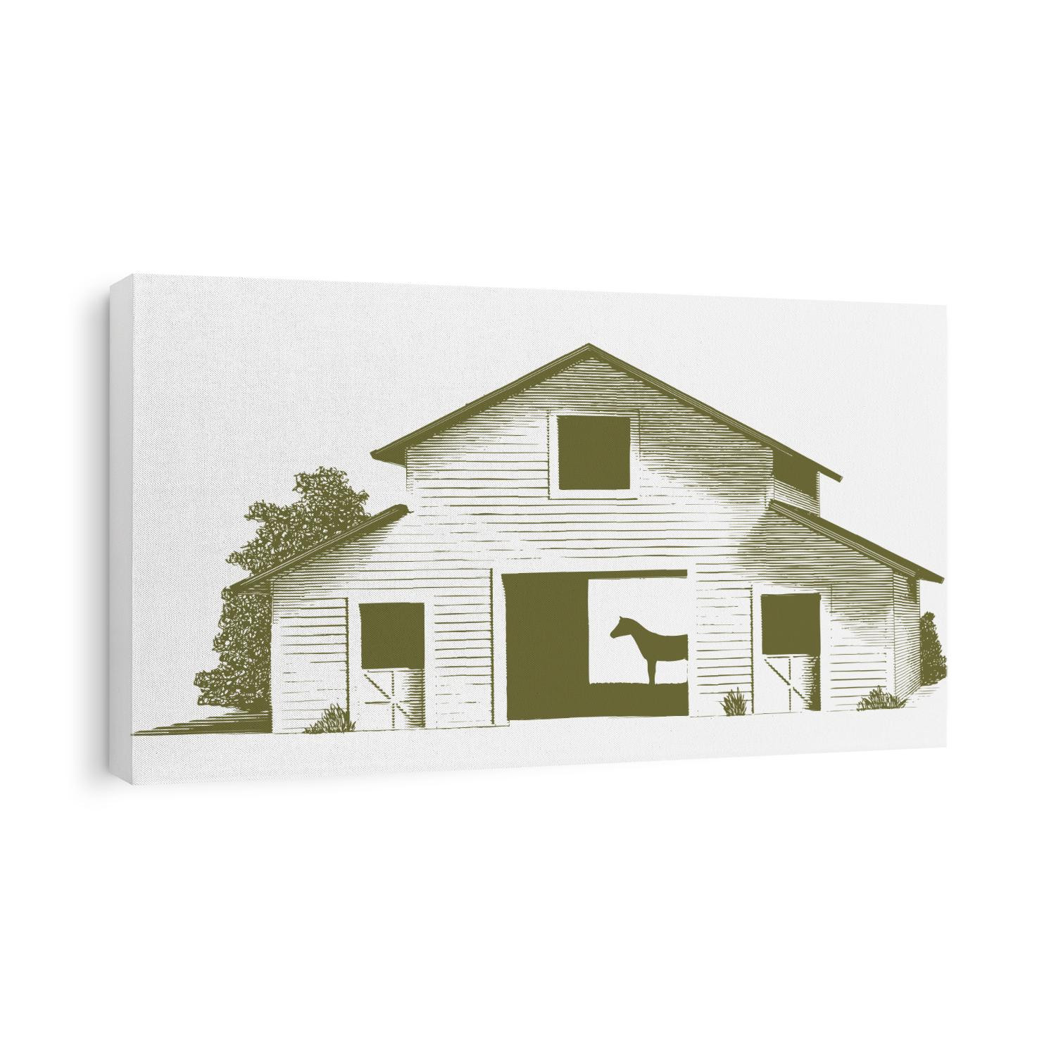 Engraved-style illustration of a horse stable with the silhouette of a horse inside the barn.