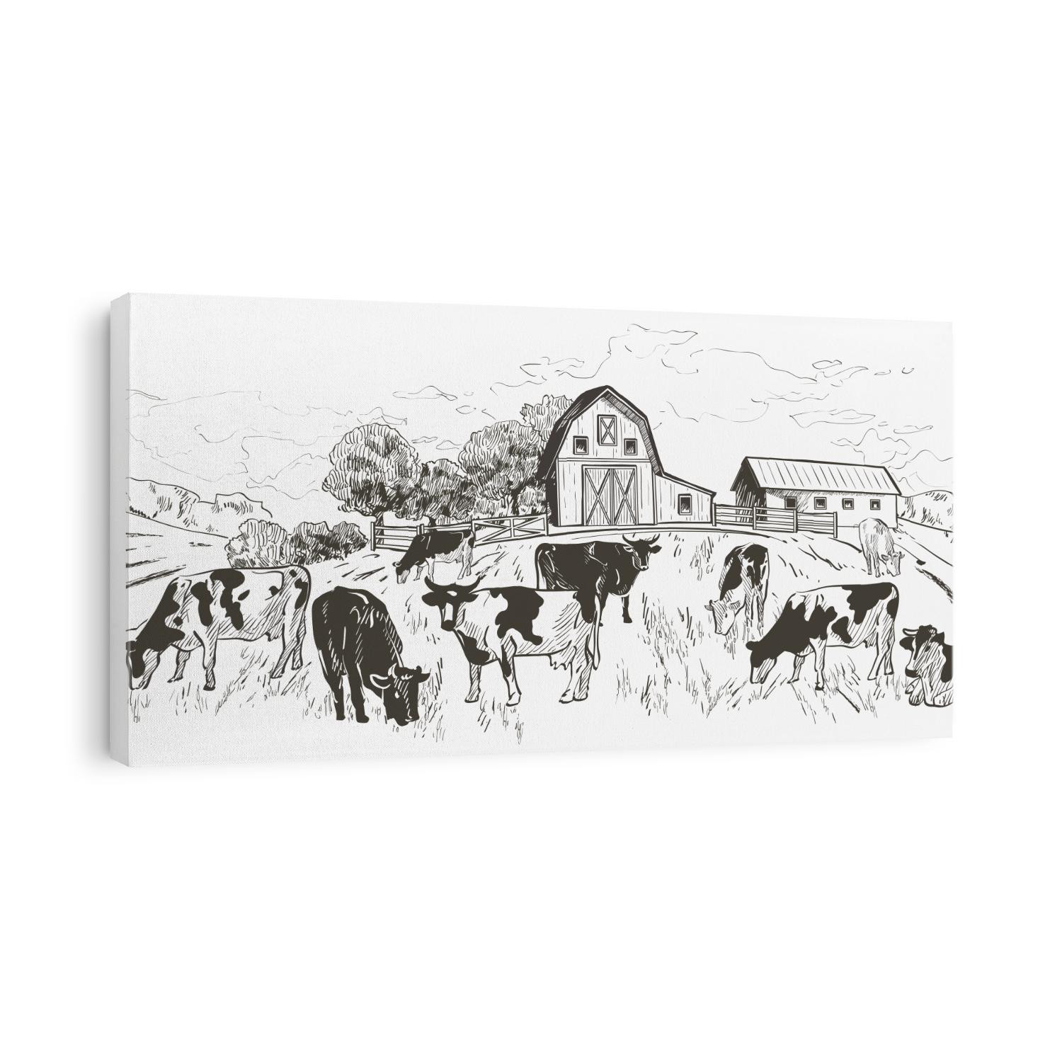 Rural landscape with flock of cows, calves field, Old Barn, house, trees, animals, fences and other elements, panorama. Hand drawn vector engraving illustration
