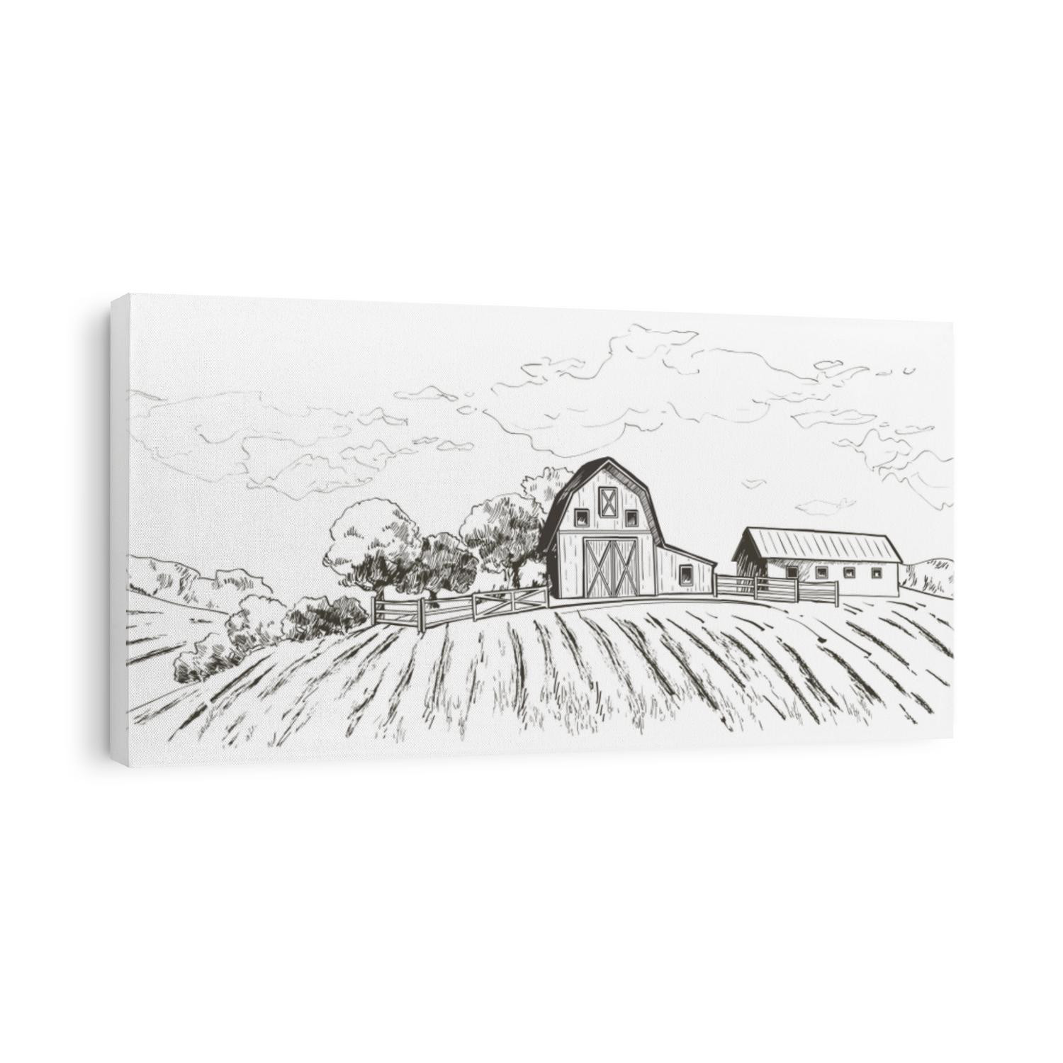 Rural landscape field wheat, Old Barn, house, trees, windmills, animals, cows, silage tower, plants, fences and other elements, forest panorama. Hand drawn Countryside engraving