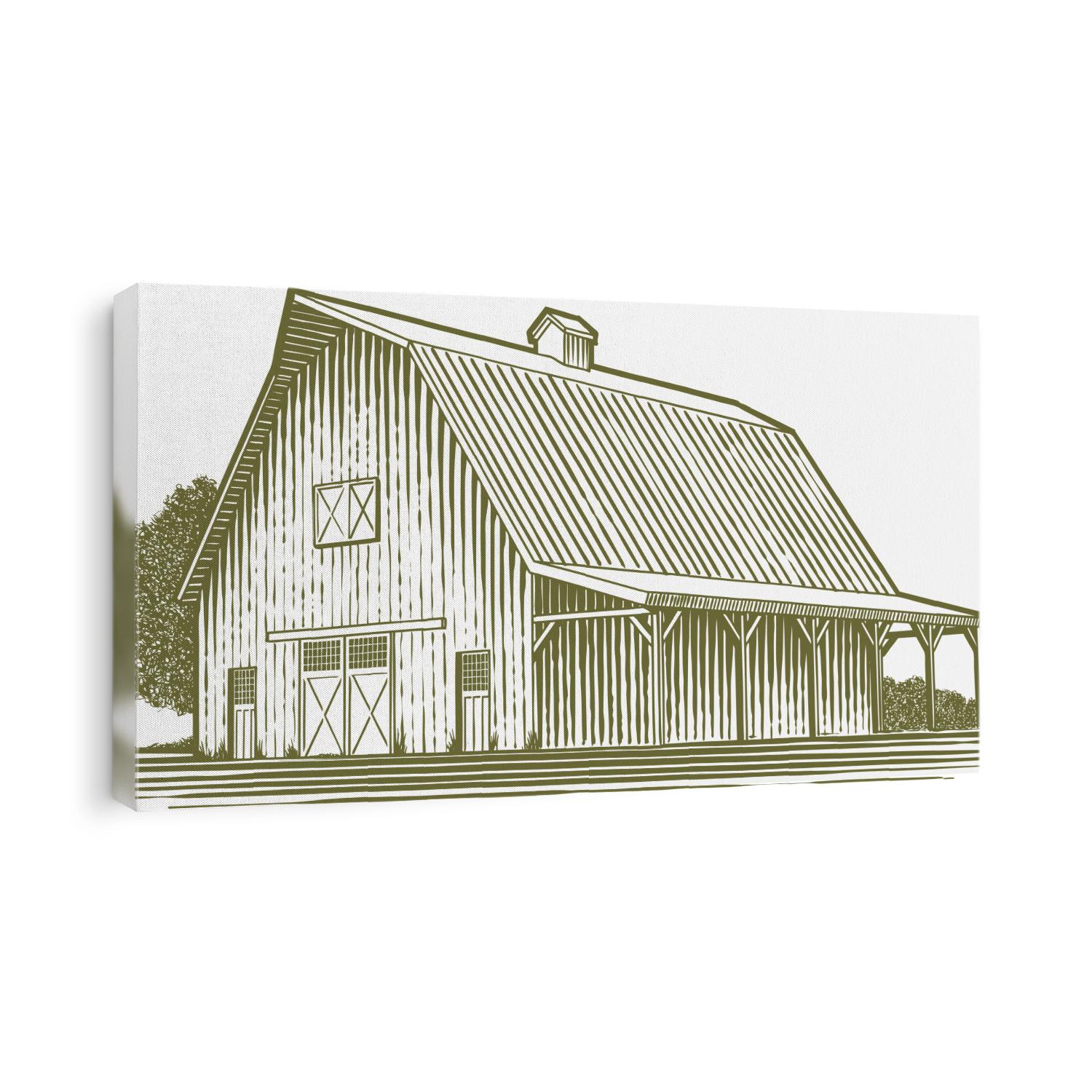 Woodcut-style illustration of a barn.