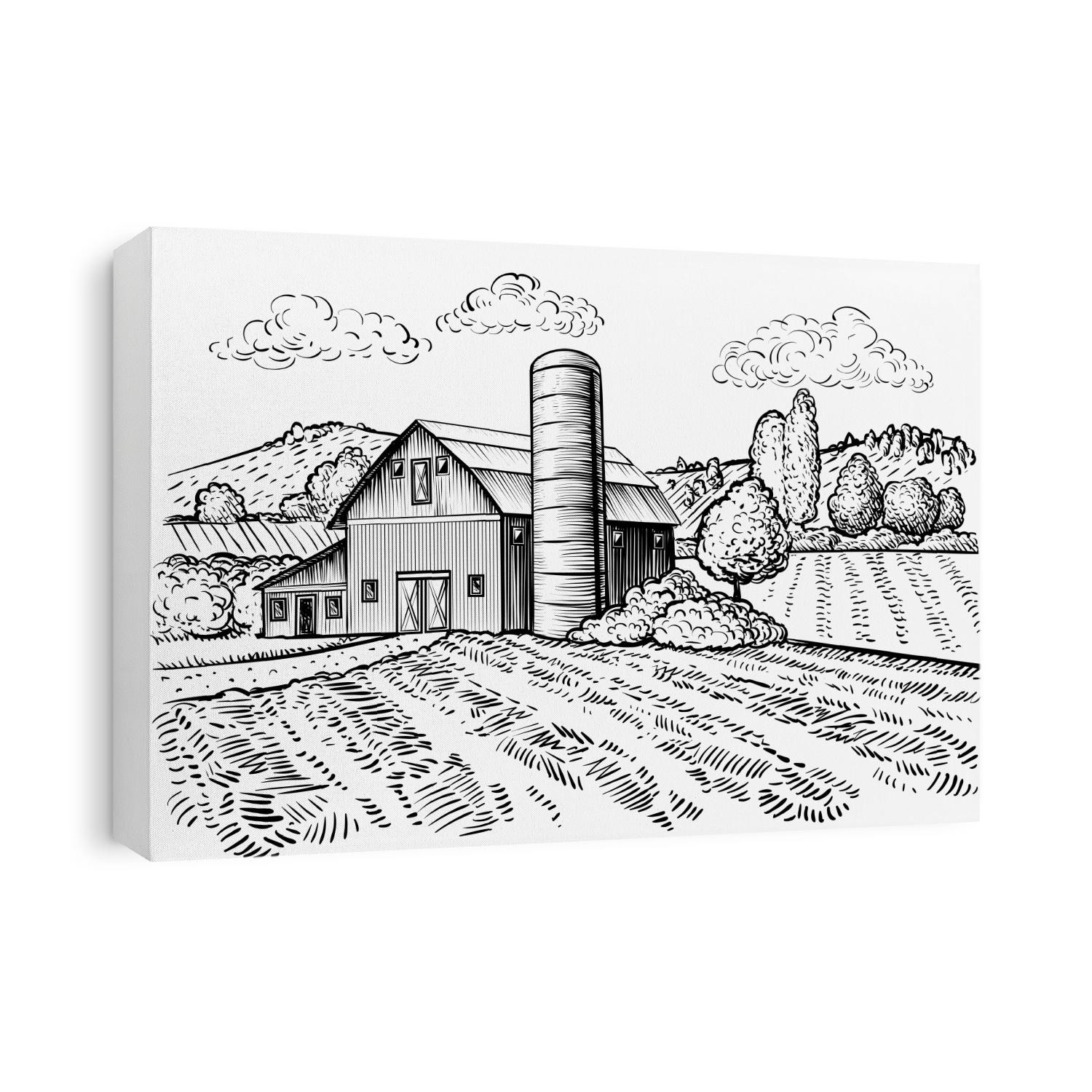 Rural landscape, farm barn and windmill sketch. Hand draw illustration of countryside natural scenic. Agricultural farmhouse and field. Vector monochrome outline image