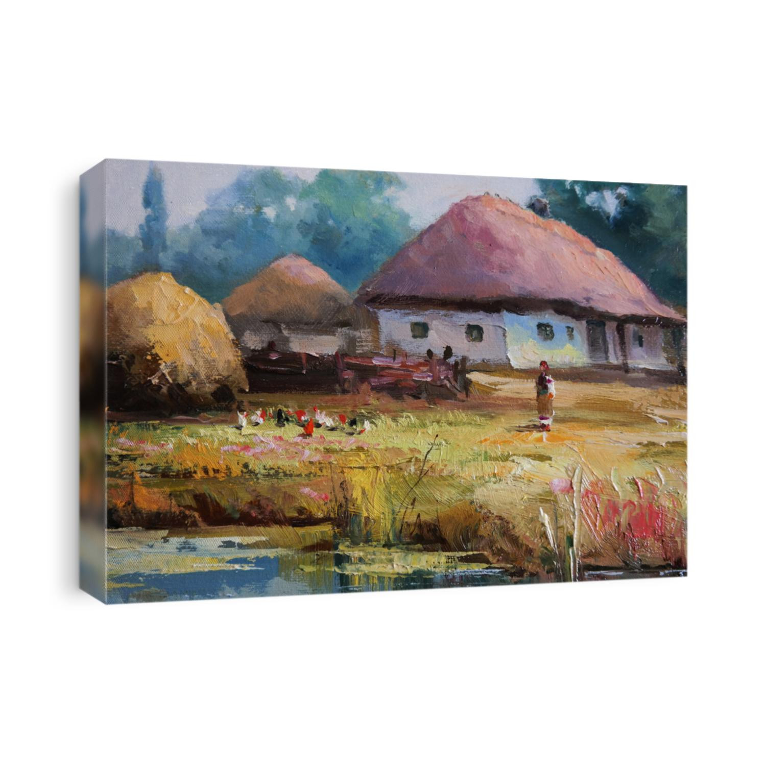 farmhouse on a sunny day with a haystack, a fragment of the landscape,fine art, oil painting, landscape, rural, architecture, village, water