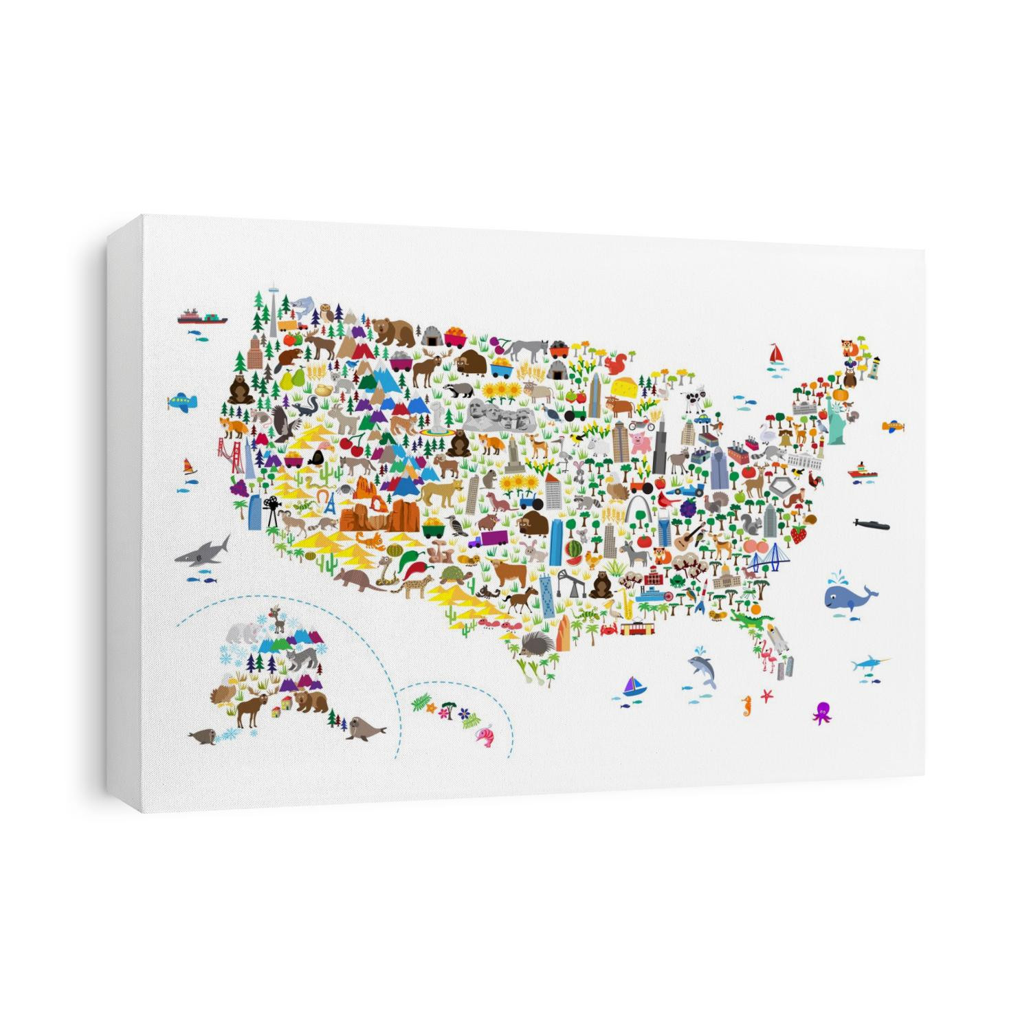 A map of the United States featuring cartoon animals, famous landmarks, and buildings. A colorful, fun and exciting map for any young child to engage their imaginations. White Background.