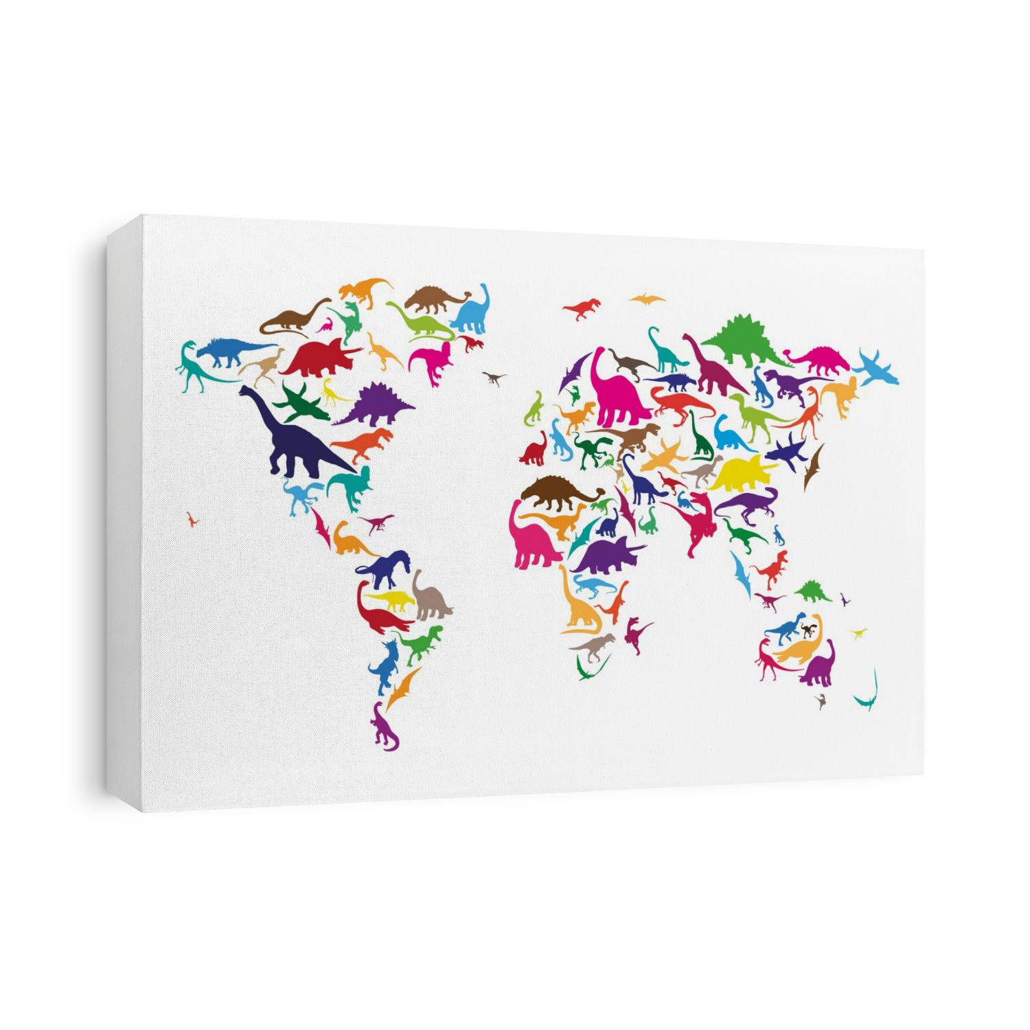 A map of the world made with multi-colored dinosaur silhouettes .