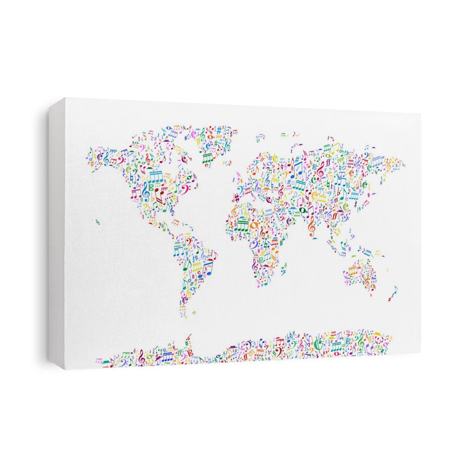 A map of the world made from a music notation - notes, crochets, clefs, time signatures and many more. Multi-coloured on a white background