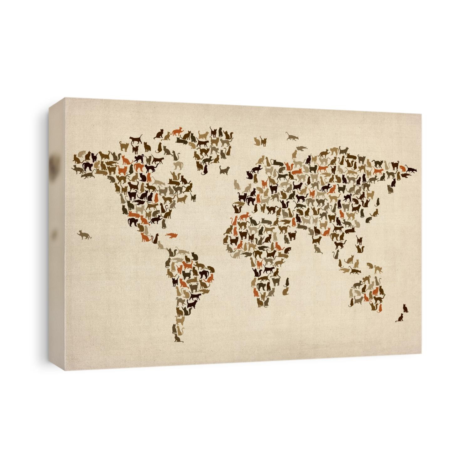 A map of the world made from the silhouettes of cats on an aged background.