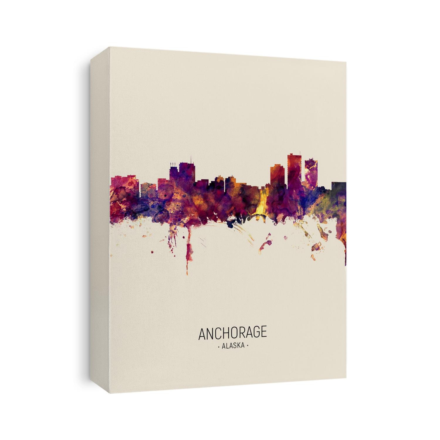 Watercolor art print of the skyline of Anchorage, Alaska, United States