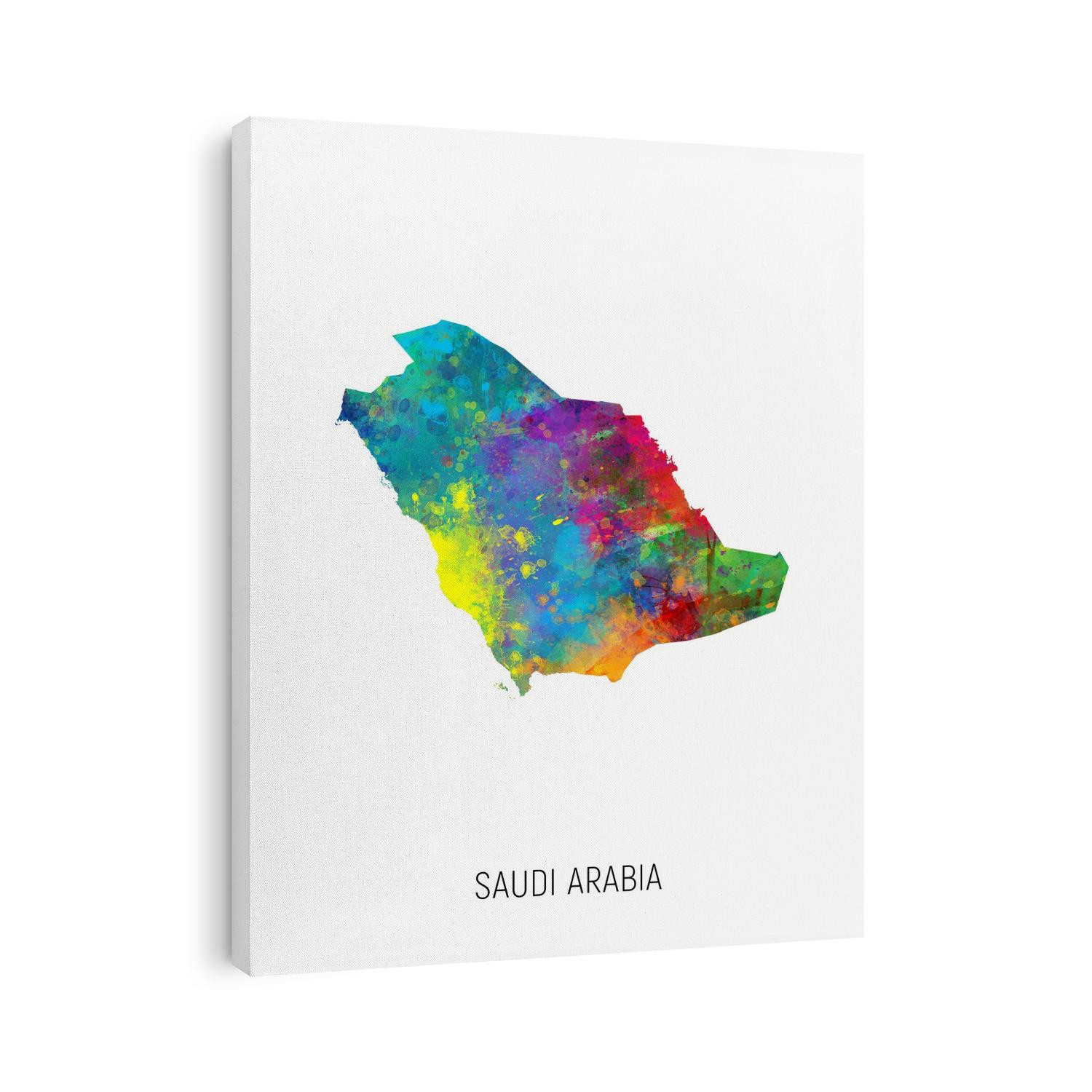 A watercolor map of Saudi Arabia